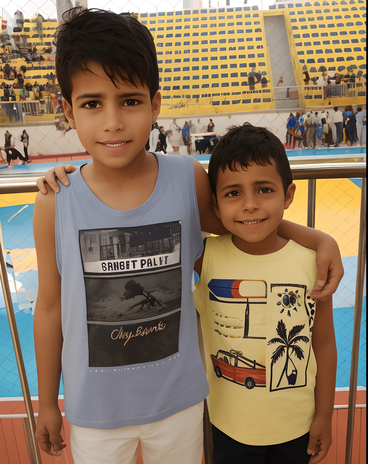 Two boys standing next to each other in front of a crowd, meninos bonitos, both smiling for the camera, Ayanamikodon e Irakli Nadar, with a kid, Directed by: Nandor Soldier, em roupas azuis e amarelas, Directed by: Samuel Silva, divertindo-se, No Egito, Condutor de Ene, por Romain brook, editing