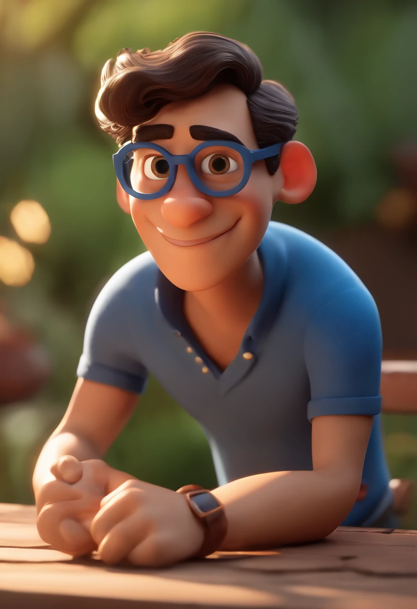 Cartoon character of a man wearing black glasses and a blue shirt, um personagem animado, Caractere estilizado, animation style rendering, 3D estilizado, Arnold Maya render, 3 d render stylized, toon render keyshot, Personagem 3D, Personagem 3D, 3d rendering stylized, 3 d character render, personagem de desenho animado, Personagem de close up, Pose de personagem, (Estilo Pixar) (master part:1.2) (Bokeh) (best quality) (pele detalhada) (textura detalhada) (8k) (argila) (Cinematic lighting) (foco nítido,Senta e vaza a parte superior do corpo