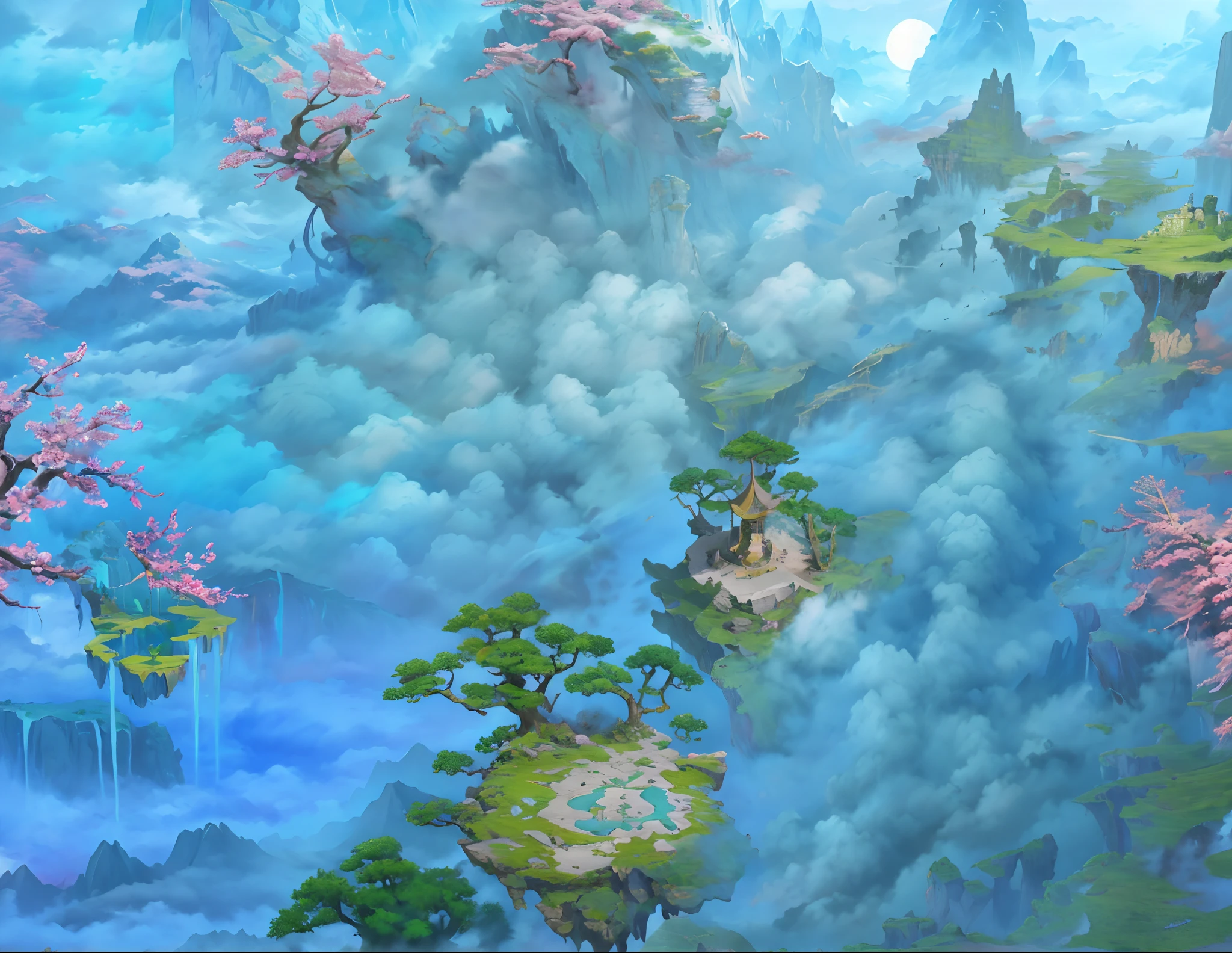 Painting of mountains with full moon in the sky, floating lands in-clouds, wlop and RHADS, Floating mountains, Clouds. fantasy, highly detailed digital painting, detailed matte fantasy painting, 4k highly detailed digital art, volumetric clouds and fog, very detailed digital painting, Detailed scenery —width 672, avatar landscape, Illustration matte painting
