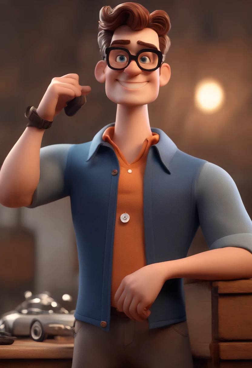 Cartoon character of a man with black glasses and a blue shirt, animation character, Caractere estilizado, animation style rendering, 3D estilizado, Arnold Maya render, 3 d render stylized, toon render keyshot, Personagem 3D, Personagem 3D, 3d rendering stylized, 3 d character render, personagem de desenho animado, Personagem de close up, Pose de personagem, (Estilo Pixar) (master part:1.2) (Bokeh) (best quality) (pele detalhada) (textura detalhada) (8k) (argila) (Cinematic lighting) (foco nítido