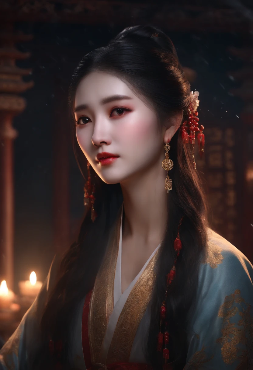 Realistic face bust of a girl with long hair,Tears in the corners of the eyes,weeping,Chinese ancient style。Moonlit environment