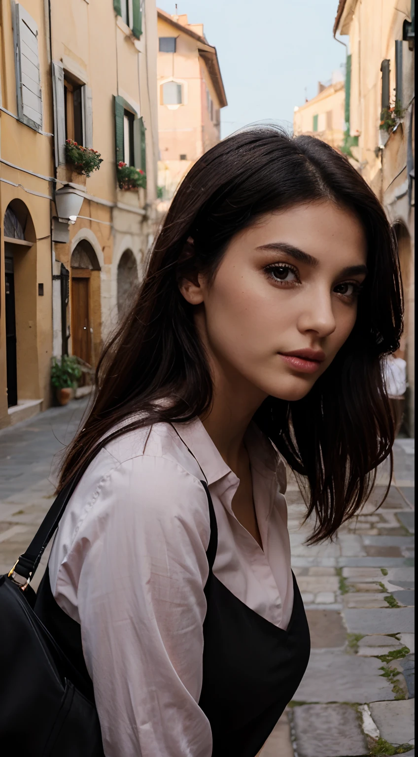 8k Beautiful Woman in Italy,Black Hair,Slim face ,Small nose ,Long Jawline , Front view Pose, Dark Brown Eye ,Pinks small Lips Black Formal Shirts,Black Jeans, mouth Close