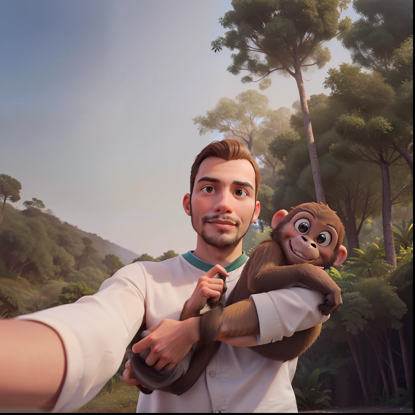 Um self de um naturalista homem, In the middle of the forest with a monkey lying on his left arm.