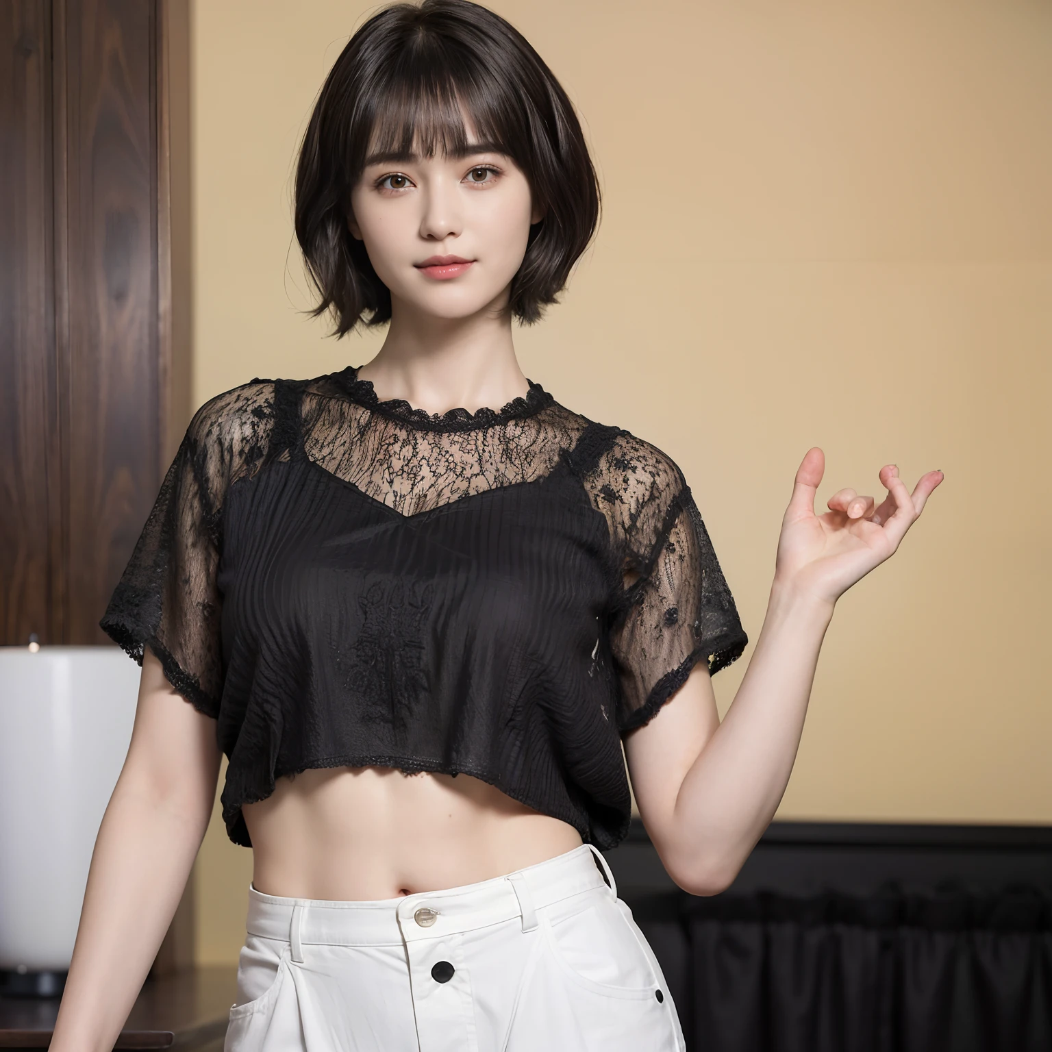 84
(a 20 yo woman,is standing), (A hyper-realistic), (Masterpiece), ((short-hair:1.46)), (Smooth black hair), (breast:1.0), (kindly smile), Wearing shorts, Wearing a shirt with a fractal design print, (Beautiful skin:1.5)