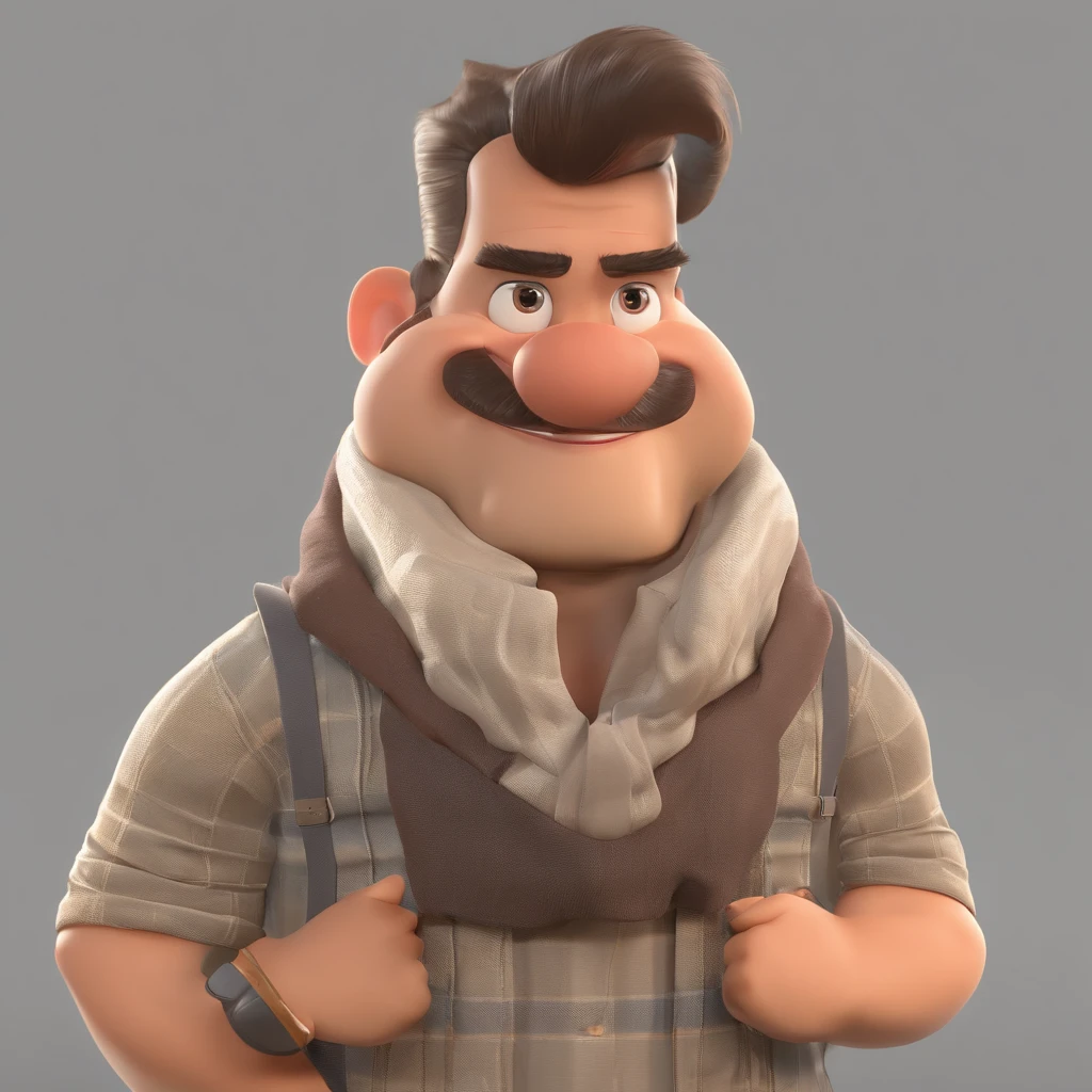 Criar um personagem no estilo Pixar. Trata-se de um homem de 30 anos, com barba, Branco, com cabelos castanhos curtos e um quiff, e olhos castanhos. Ele deve estar na frente de um computador, Trabalhar como designer