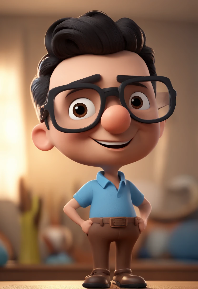 Cartoon character of a man with black glasses and a blue shirt, animation character, Caractere estilizado, animation style rendering, 3D estilizado, Arnold Maya render, 3 d render stylized, toon render keyshot, Personagem 3D, Personagem 3D, 3d rendering stylized, 3 d character render, personagem de desenho animado, Personagem de close up, Pose de personagem,  (Estilo Pixar) (master part:1.2) (Bokeh) (best quality) (pele detalhada) (textura detalhada) (8k) (argila) (Cinematic lighting) (foco nítido