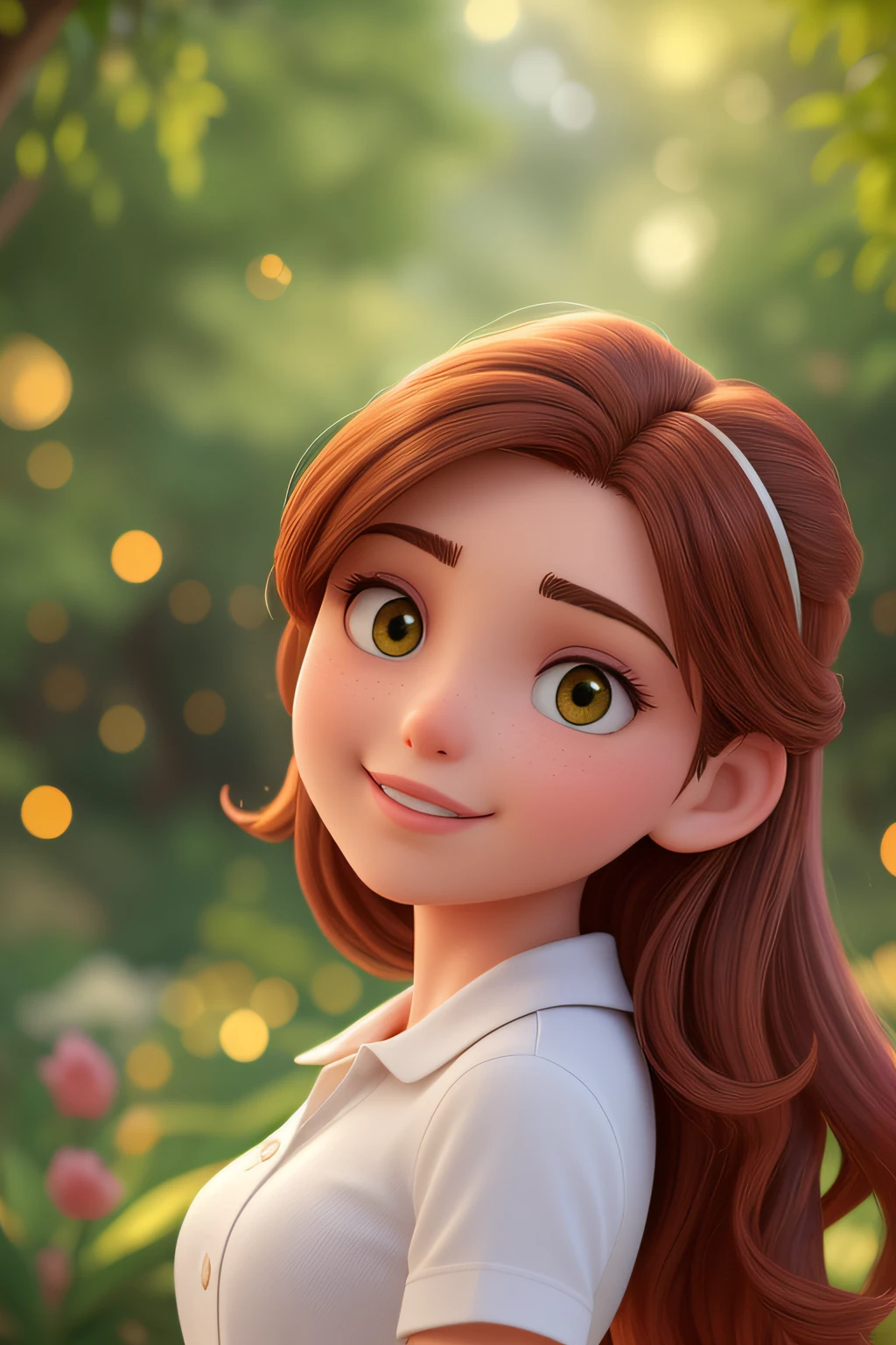 (best quality,4k,8k,highres,masterpiece:1.2),cabelos castanhos longos,rosto redondo,olhos castanhos elaborados,Elaborate enchanting lips,sorriso encantador,extremamente detalhado,expressive facial expression,vista frontal,Lonely girl in a lush green garden,Optics,Radiant Summer,brisa suave,paisagem serena,um momento de puro relaxamento,cores vibrantes,soft, natural lighting,efeito bokeh suave,oil painting style,Romantic Inspiration,claridade e nitidez excepcionais Estilo PIXAR