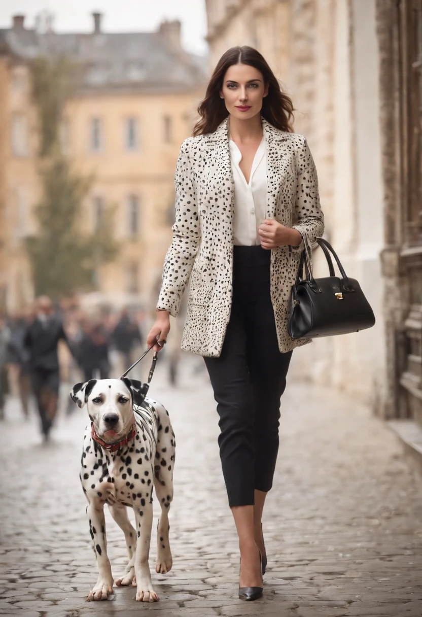 A Beautiful high class woman walking her Dalmatian, posing for a photograph with her Dalmatian, hyper realistic, crystal clear image