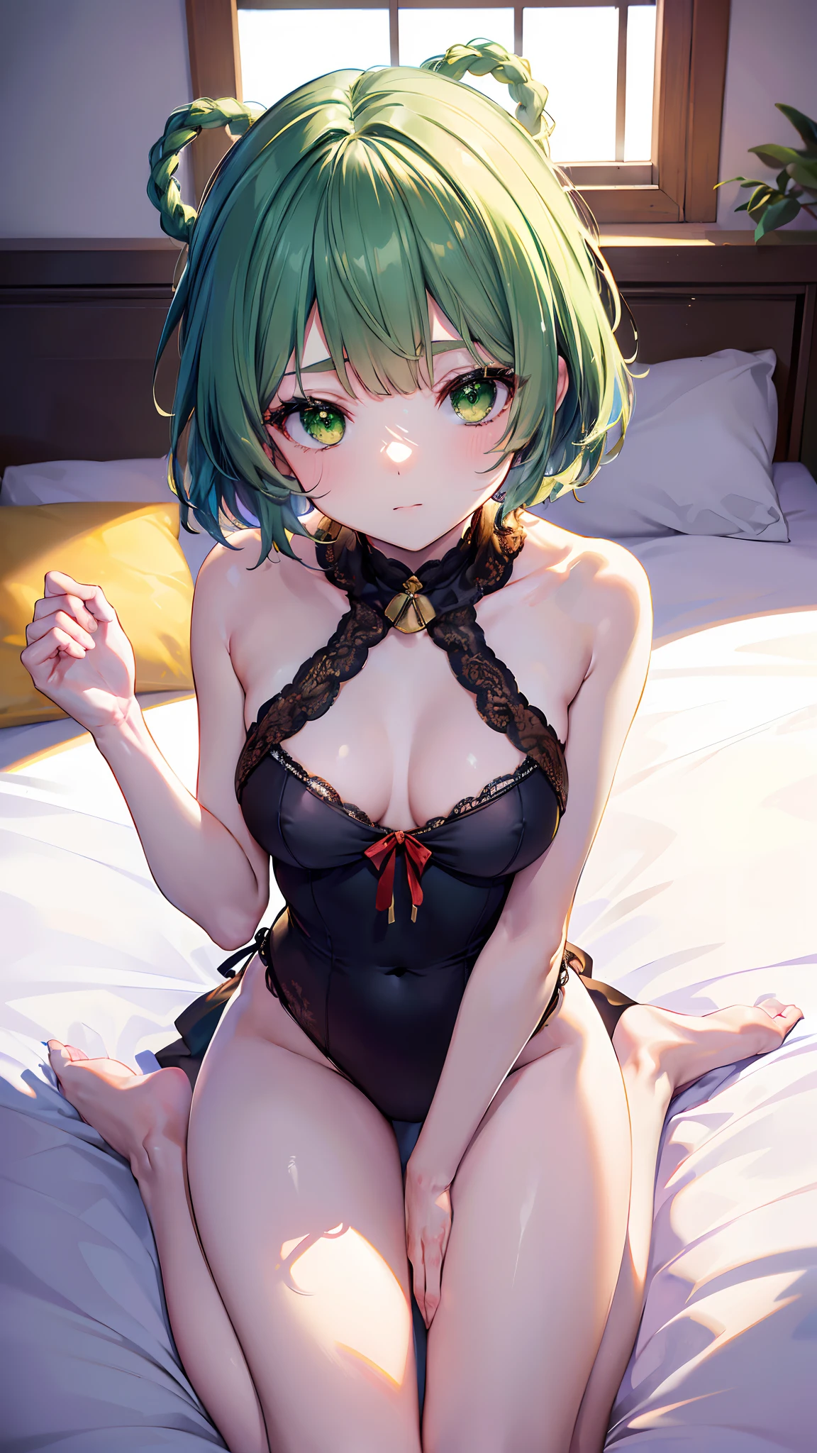 ((masutepiece+Best Quality+High resolution+Illustration 1.3+Ultra-8k)), 1girl in, ((Detailed body)) ((alluring face)) ((long snout)) ((Long facial structure)) (Sharp eyes) ((green Eyes)) ,Soft skin, Indoor, laying on the bed, Looking at Viewer, Detailed body, short hair, Detailed eyes, ((detailed shadow)), Lighting, Detailed, Focus, Hand Detail Night Light,Beautiful and perfect legs, Clean and perfect hands (hands between legs), sleep dress,
