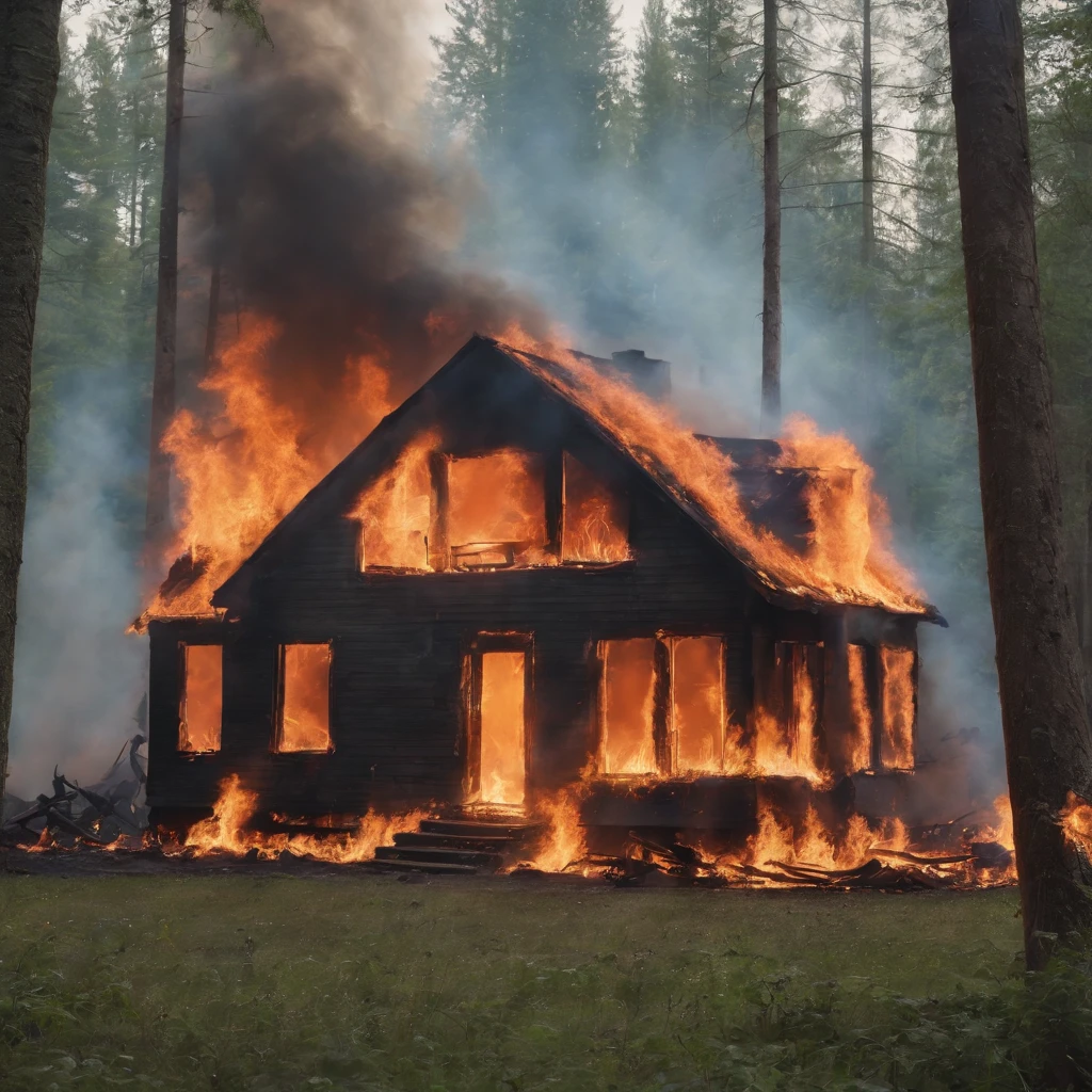 A two-story house burning deep in a forest, photo-realistic, film effects, CGI, VFX, SCI-FI, 4K