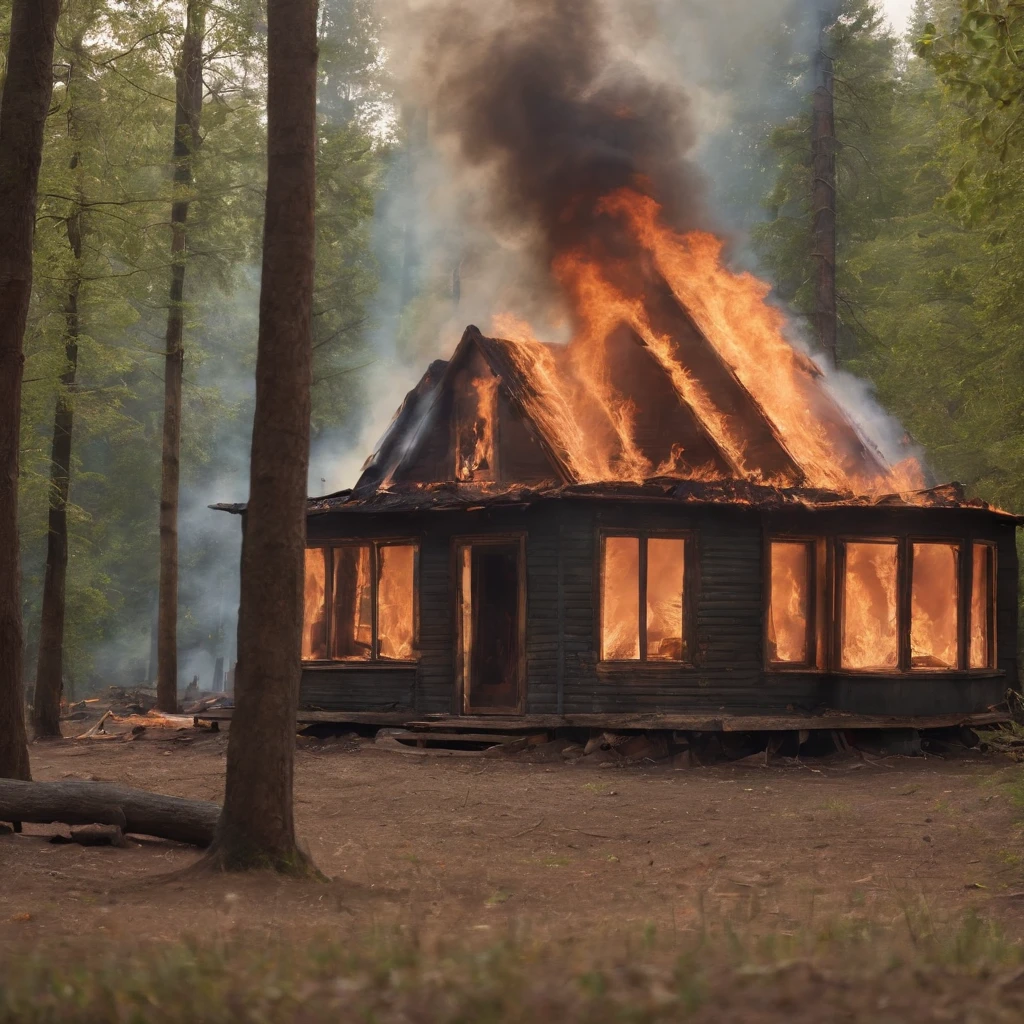 A two-story house burning deep in a forest, photo-realistic, film effects, CGI, VFX, SCI-FI, 4K