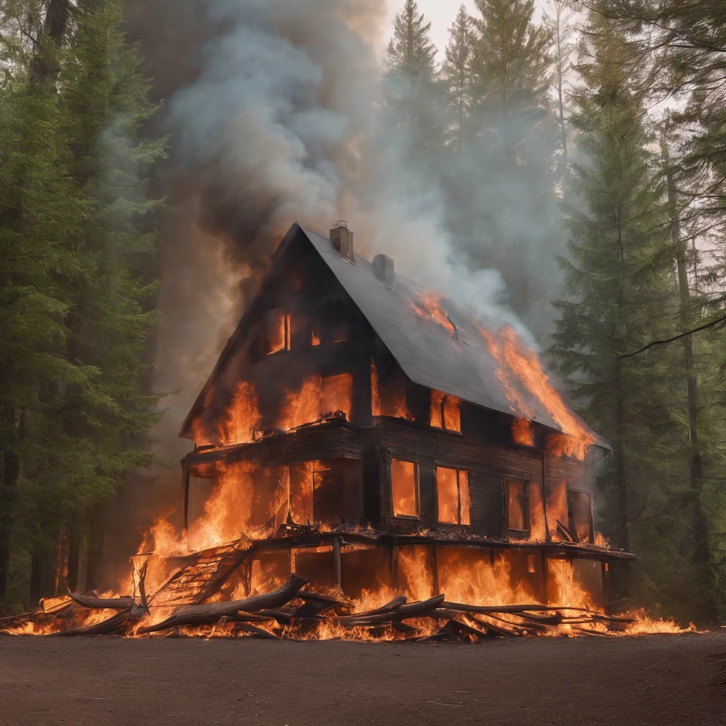 A two-story house burning deep in a forest, photo-realistic, film effects, CGI, VFX, SCI-FI, 4K