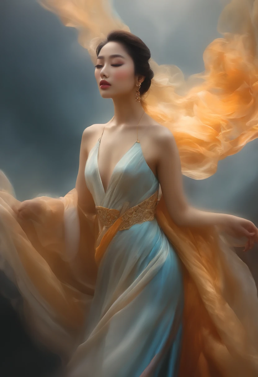 Mulher chinesa, Rosto em close-up, figura feminina elevada feita de fitas, smoke billowing, in sky, colorido e brilhante, mystical colors, impressionismo moderno, retrato Yanjun Cheng, pintura iridescente, 3/4 Vista em perspectiva, cara bonito, low-up angle, composition in broad swirl, grandes olhos de cristal bonitos, large iris, UHD, HDR, 8k, (master part: 1. 5), (O retrato mais bonito do mundo: 1.5)