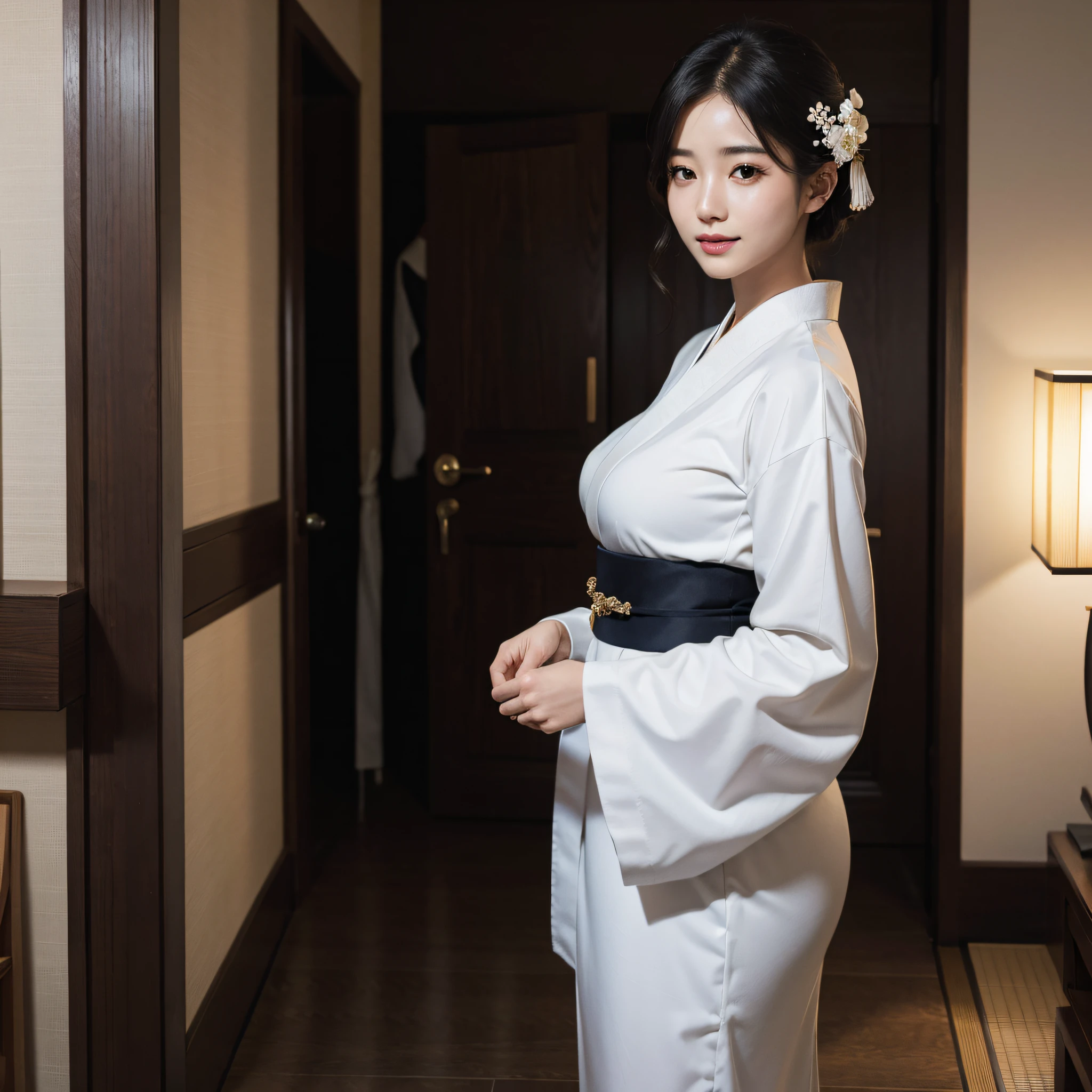 Beautiful woman in neat Japanese clothes、((best qualtiy、8k masterpieces:1.3))、foco nítido:1.2、(ultra beautiful faces:1.0)、(shinny skin:1.0)、photos realistic、A dark-haired、Video Lighting、High-definition eyes and face、Video Lighting、Japan Idol Actress、from the front side、medium breasts、Smile、Slender Abs Beauty、Whole body、In furisode