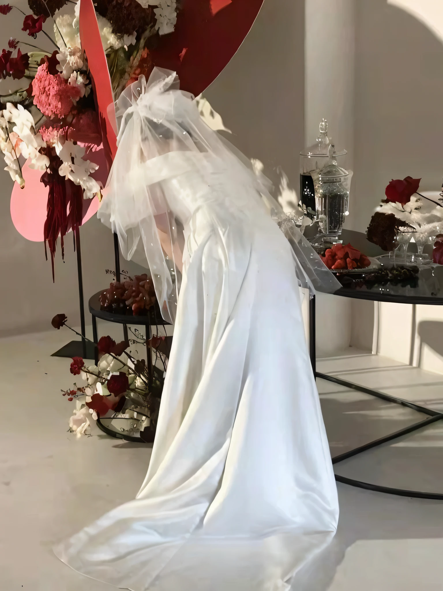 Bride in white wedding dress with veil, wearing white silk hood, white transparent veil, light yarn, funeral veil, simple white veil, wearing translucent veils, billie eilish as a nun, Transparent veil, White Hanfu, Wearing a veil, Bride, White veil, billie eilish as a sad nun, Wearing a wedding dress, white headscarf