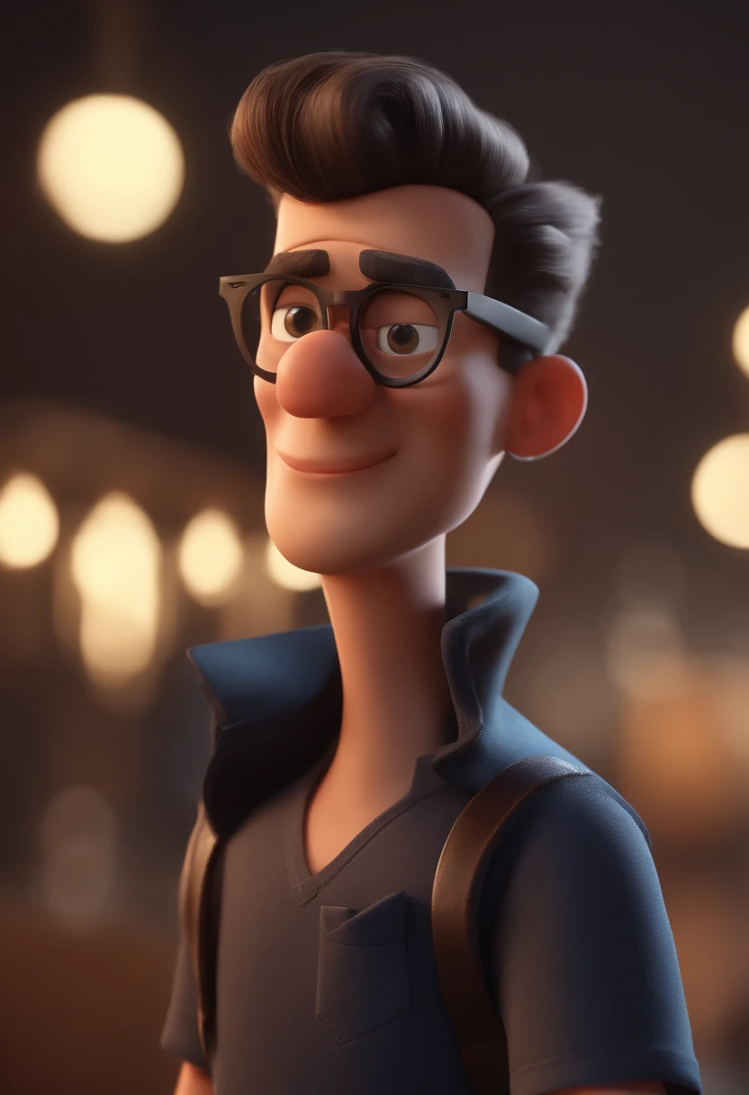 Cartoon character of a man with black glasses and a black t-shirt, 4K Animation Character, Caractere estilizado, animation style rendering, 3D estilizado, Arnold Maya render, 3 d render stylized, toon render keyshot, Personagem 3D, Personagem 3D, 3d rendering stylized, 3 d character render, personagem de desenho animado, Personagem de close up, Pose de personagem,  (Estilo Pixar) (master part:1.2) (Bokeh) (best quality) (pele detalhada parda) (textura detalhada) (8k) (argila) (Cinematic lighting) (foco nítido