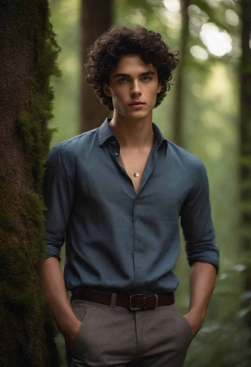 There is a young man with a handsome face and curly black hair and big blue eyes in a sunny forest, a thoughtful, thoughtful expression on a pretty face, Comprimento total, dressed in a simple gray shirt and old style pants