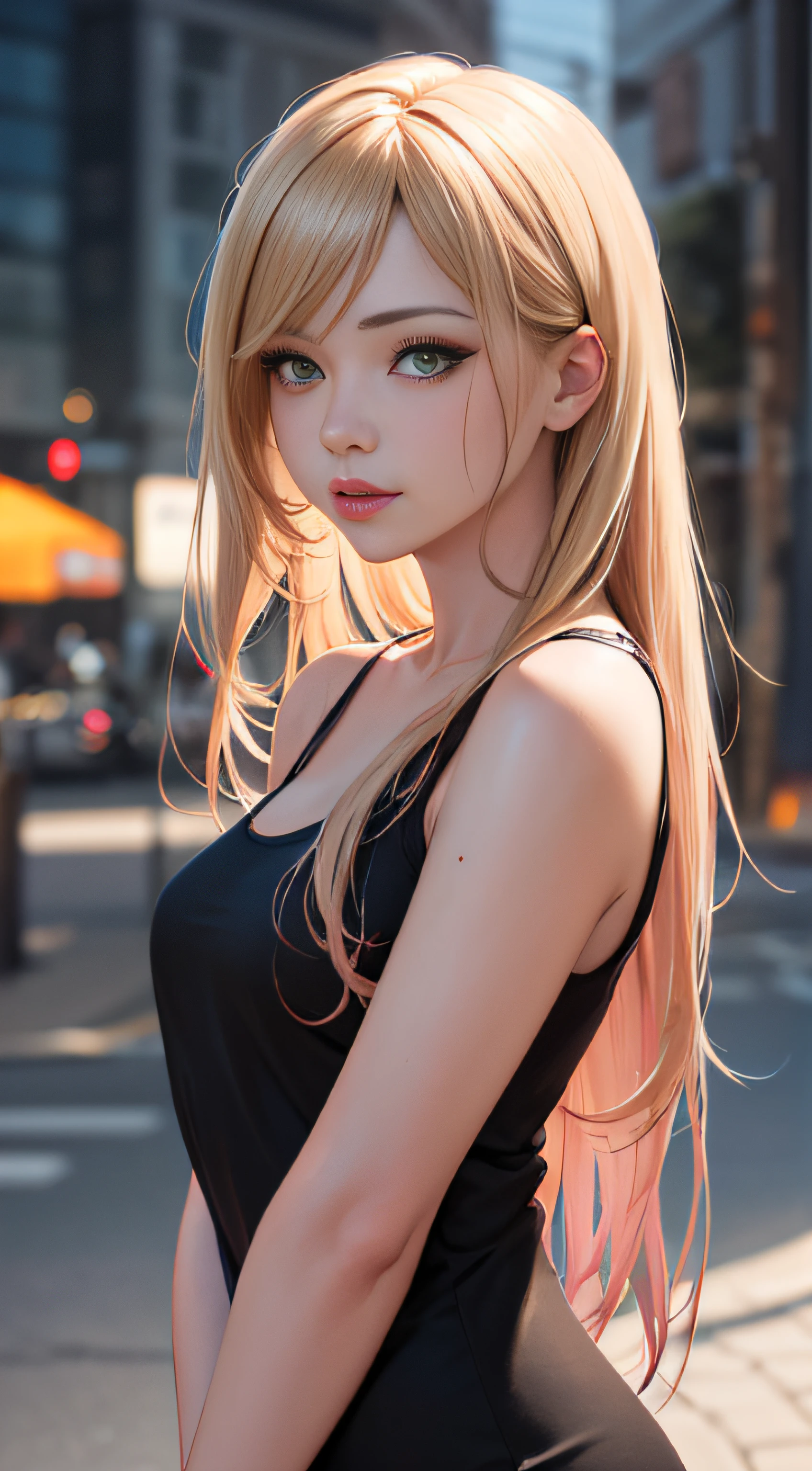 woman blonde hair green eyes and pink batm and a black top, realistic art style, RossDraws portrait, Artgerm portrait, Anime realistic artstyle, 4K realistic digital art, 4K realistic digital art, 8K Artgerm Bokeh, DeviantArt Artstation CGScosiety, ArtGerm extremely detailed, made with anime painter studio, RossDraw digital painting