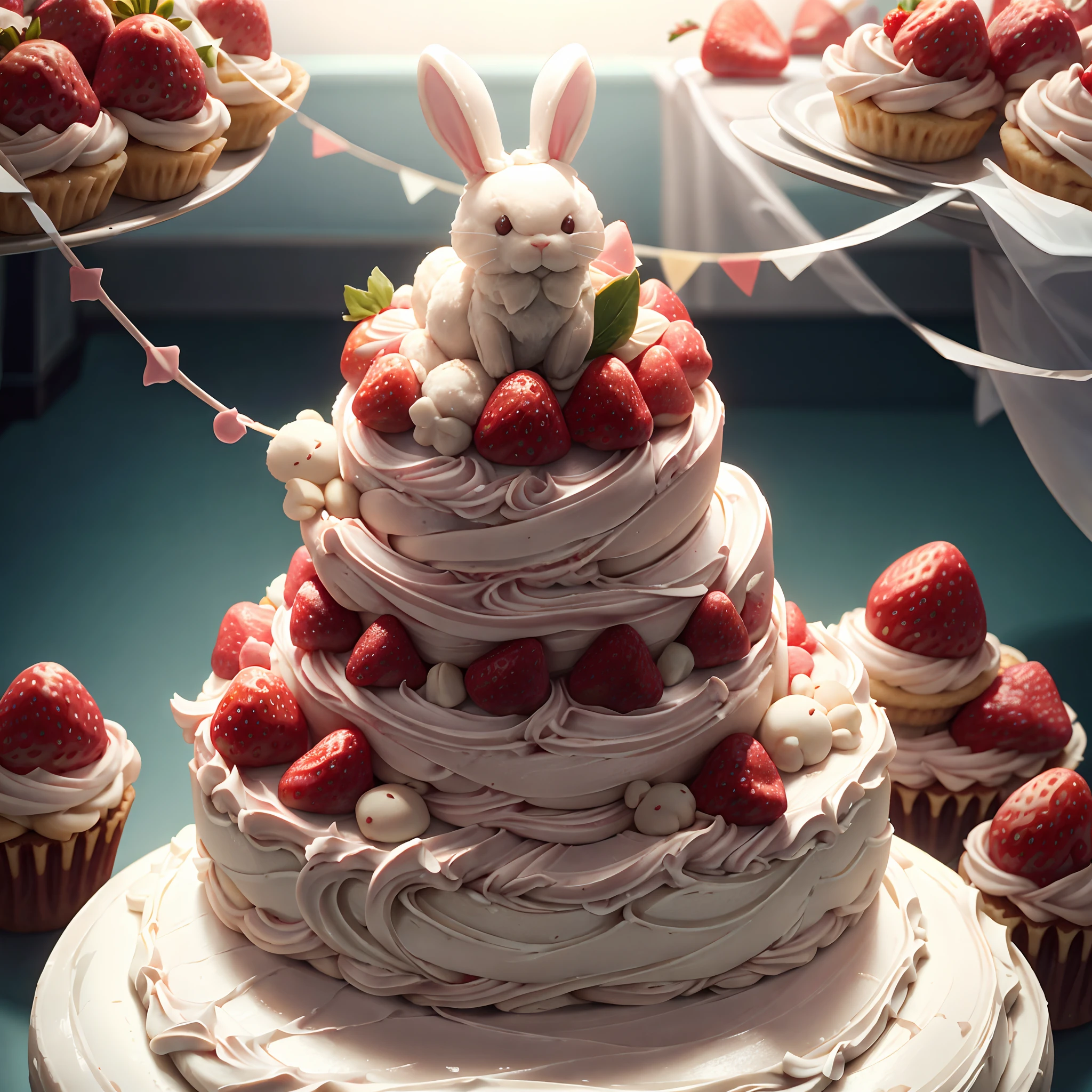 Birthday party，Birthday cake decorated with strawberries and rabbit cookies，A Birthday cake candle stuck on the cake