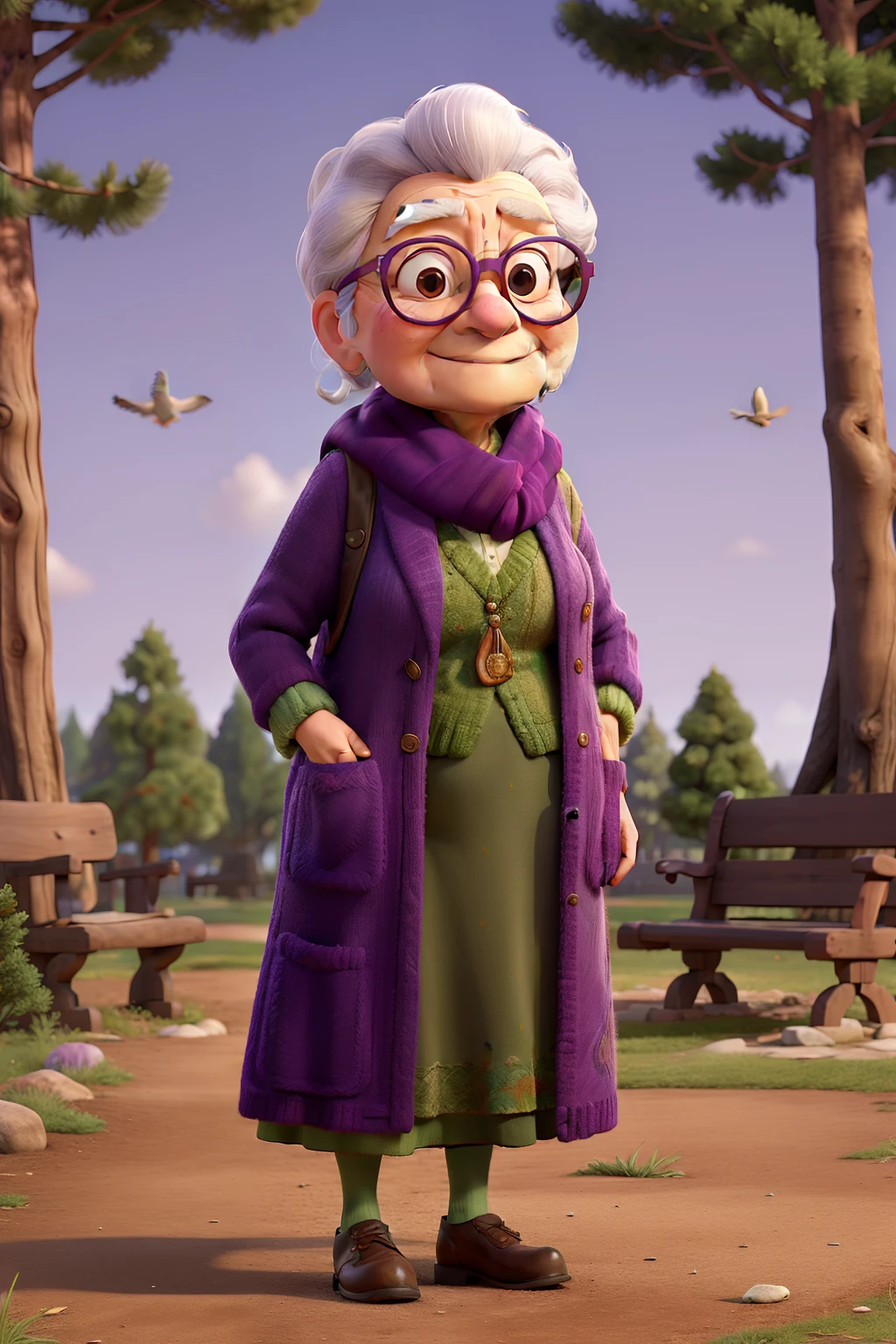 masterpiece, best quality, an old woman with glasses and a scarf on, wearing a purple coat and green scarf, standing at the park