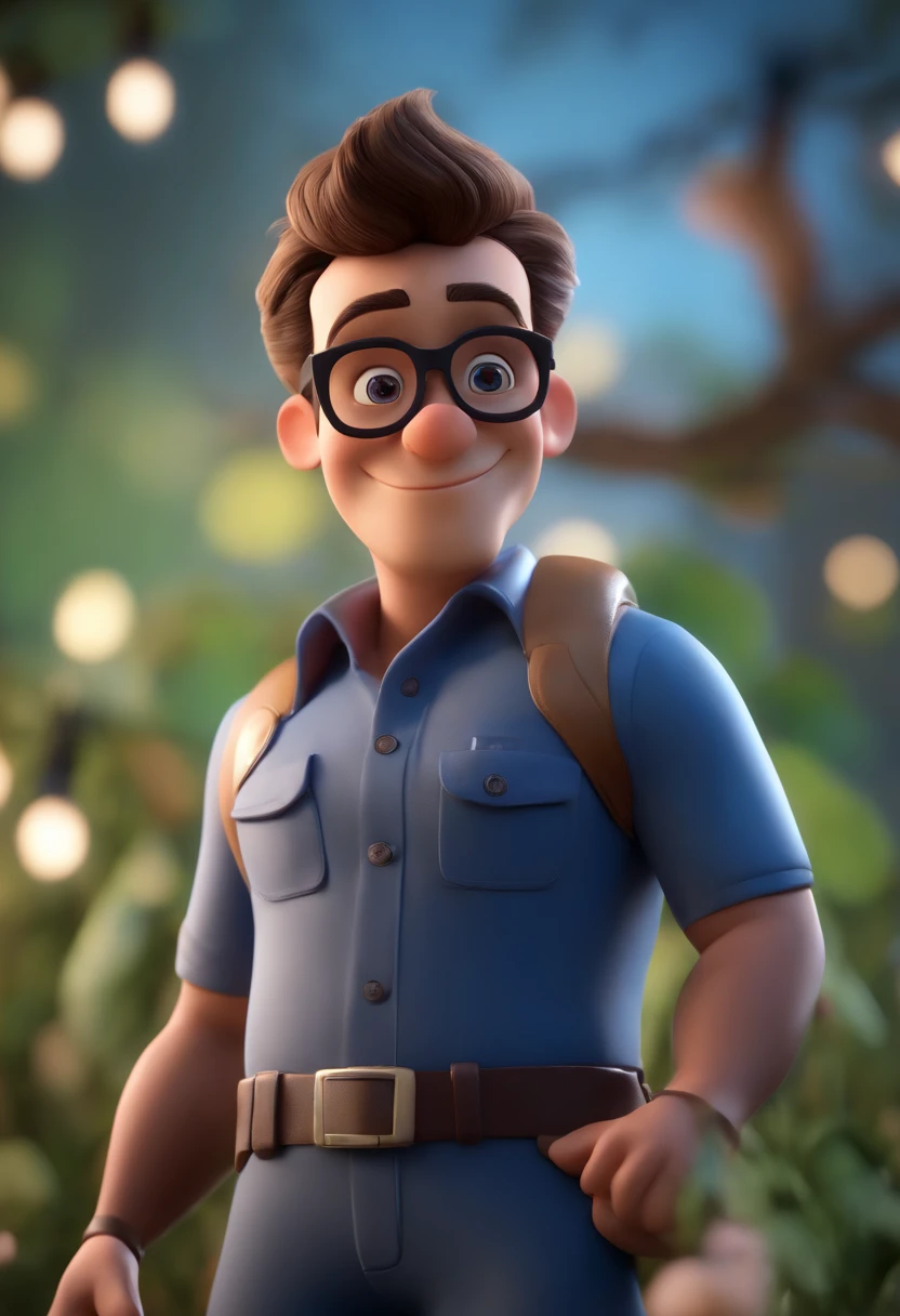 Cartoon character of a man wearing black glasses and a blue shirt, um personagem animado, Caractere estilizado, animation style rendering, 3D estilizado, Arnold Maya render, 3 d render stylized, toon render keyshot, Personagem 3D, Personagem 3D, 3d rendering stylized, 3 d character render, personagem de desenho animado, Personagem de close up, Pose de personagem, (Estilo Pixar) (master part:1.2) (Bokeh) (best quality) (pele detalhada) (textura detalhada) (8k) (argila) (Cinematic lighting) (foco nítido,Senta e vaza a parte superior do corpo