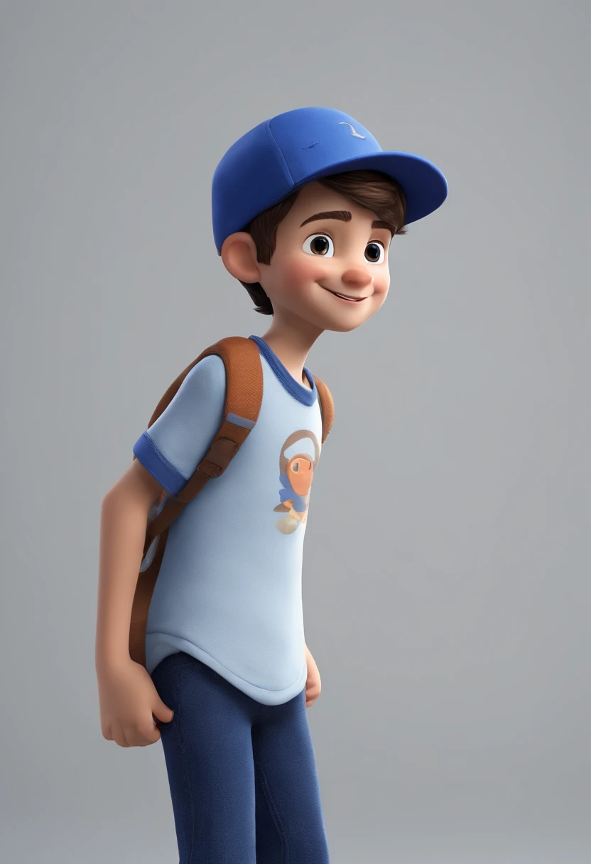 A happy cute boy standing short hair with dark blue cap , vestindo uma camisa azul , , fundo branco, barnet, Tom, Estilo Pixar, ......3d, desenhos animados, rosto detalhado, asymmetrical 16k