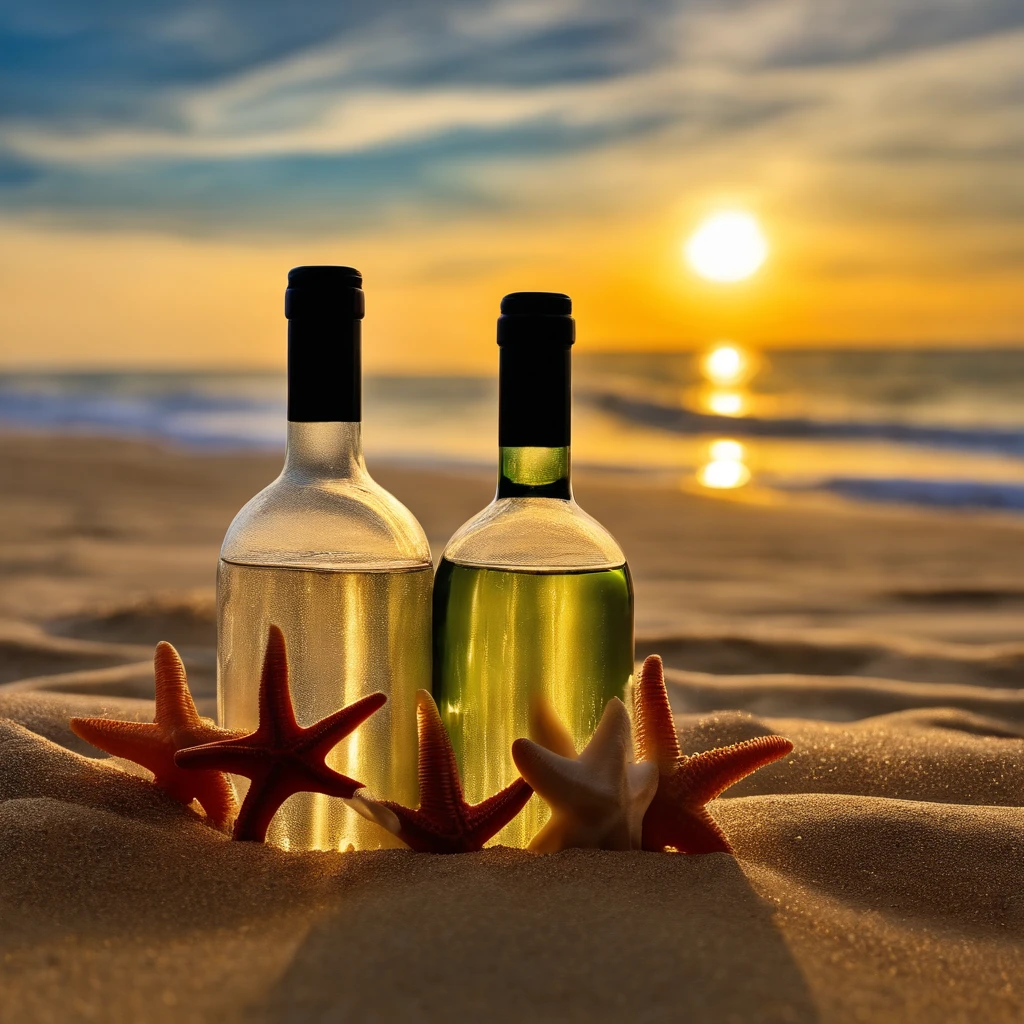 The wine bottles photographed on the beach are some wine bottles inside the sand, The sunset over the sea should be clear, Sharp sand, It is surrounded by some shells and starfish, High quality in the shadows, Sands is super quality, super detailing, 8K