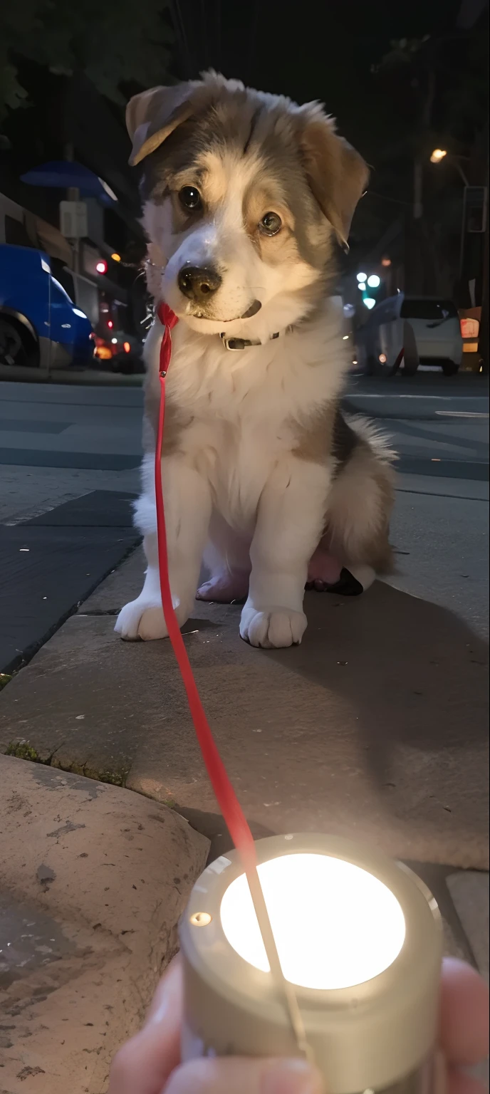 There is a dog that is sitting on the floor with a leash, Tomado com Sony Alpha 9, taken with sony a7r camera, muito bonito, imagem de alta qualidade, puppy, bela imagem de vira-lata, olhos muito brilhantes, pronto para comer, extremamente bonito, on sidewalk, Upload de alta qualidade, curious expression, captured with sony a3 camera