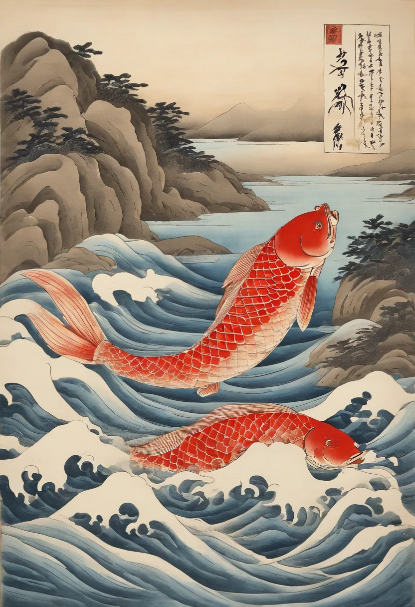 Best Quality, Kitagawa Utamaro's style, ukiyoe painting,  (Floating carp), Dharma、vague