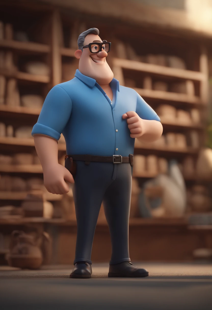Cartoon character of a man wearing black glasses and a blue shirt, um personagem animado, Caractere estilizado, animation style rendering, 3D estilizado, Arnold Maya render, 3 d render stylized, toon render keyshot, Personagem 3D, Personagem 3D, 3d rendering stylized, 3 d character render, personagem de desenho animado, Personagem de close up, Pose de personagem, (Estilo Pixar) (master part:1.2) (Bokeh) (best quality) (pele detalhada) (textura detalhada) (8k) (argila) (Cinematic lighting) (foco nítido,Senta e vaza a parte superior do corpo