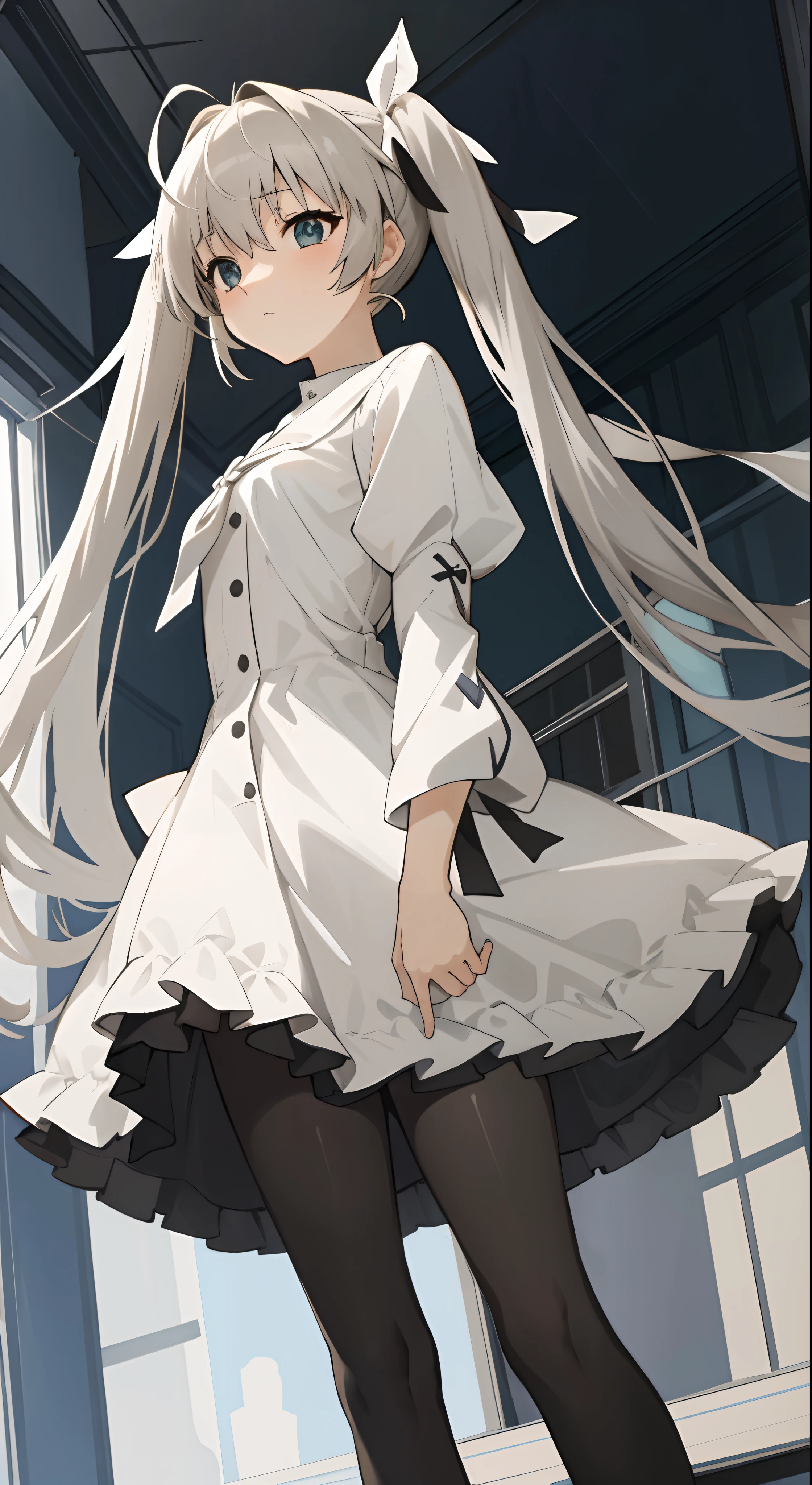 （Masterpiece，best qualtiy，A high resolution：1.5），1girl，high school senior，white skinned，Gray-black pupils，twintails，lacepantyhose，shift dresses，Delicate face，School Background，The light is bright，Sora Kasugano，Animated illustration style，pixiv popular