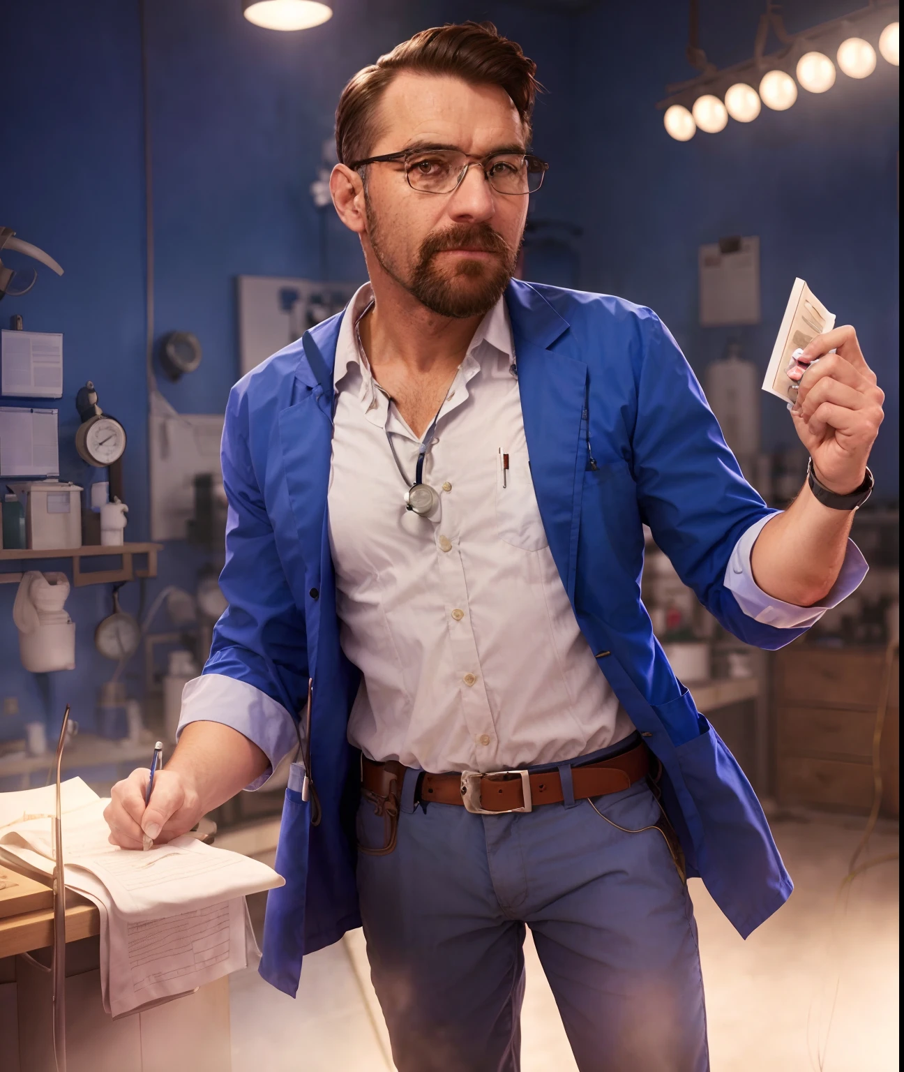 Homem de jaleco e gravata posando para uma foto, medic, wearing lab coat and glasses, surgeon, imagem profissional, Male physician, estilo Disney Pixar, alta qualidade,