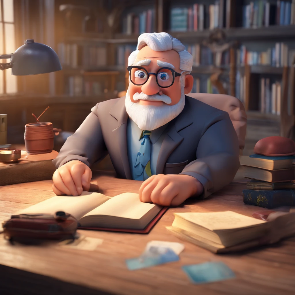 Crie um cartaz inspirado na Disney Pixar com o personagem sendo o pastor Rubens Janier, A gray-haired man wearing glasses, in an office with a Bible on the table