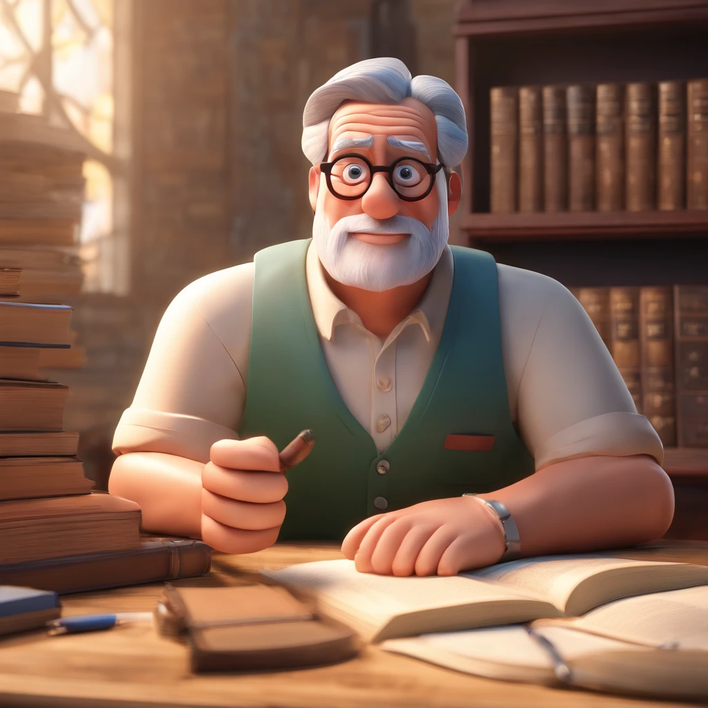 Crie um cartaz inspirado na Disney Pixar com o personagem sendo o pastor Rubens Janier, A gray-haired man wearing glasses, in an office with a Bible on the table