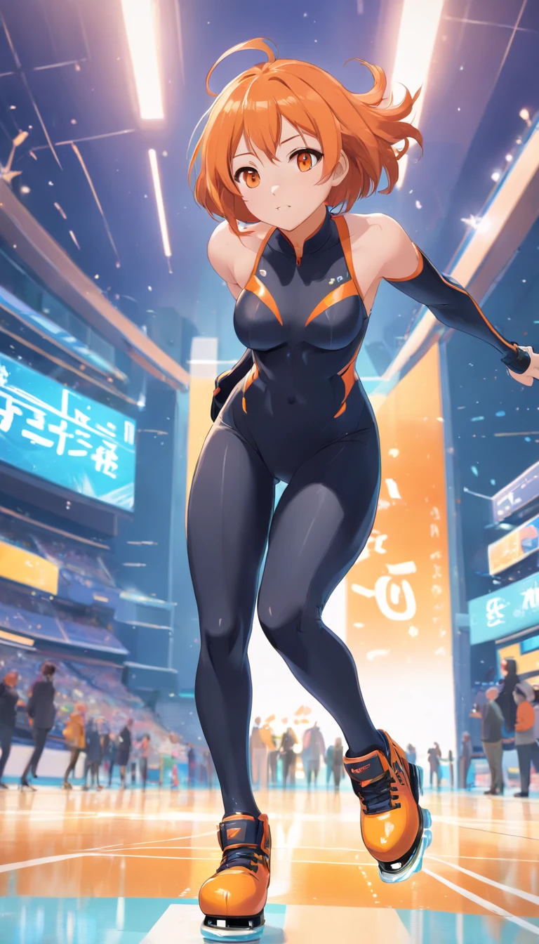 ​masterpiece、top-quality、Movie stills、1 female、Orange hair、Colossal tits、Big ass、black rubber suit、yellow  eyes、Large, thick thighs、a short bob、wide hips、ice skating、well-muscled、Thigh muscles、run