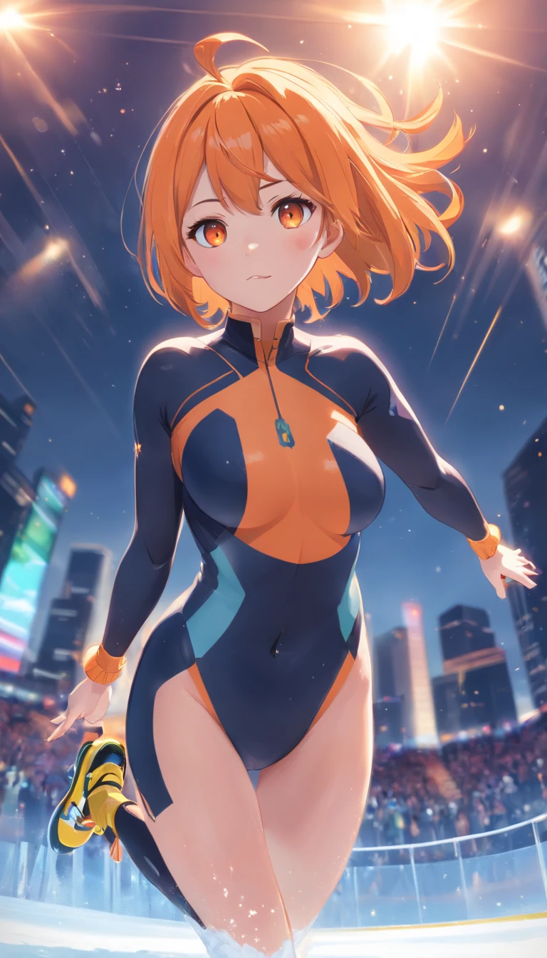 ​masterpiece、top-quality、Movie stills、1 female、Orange hair、Colossal tits、Big ass、black rubber suit、yellow  eyes、Large, thick thighs、a short bob、wide hips、ice skating、well-muscled、Thigh muscles、run