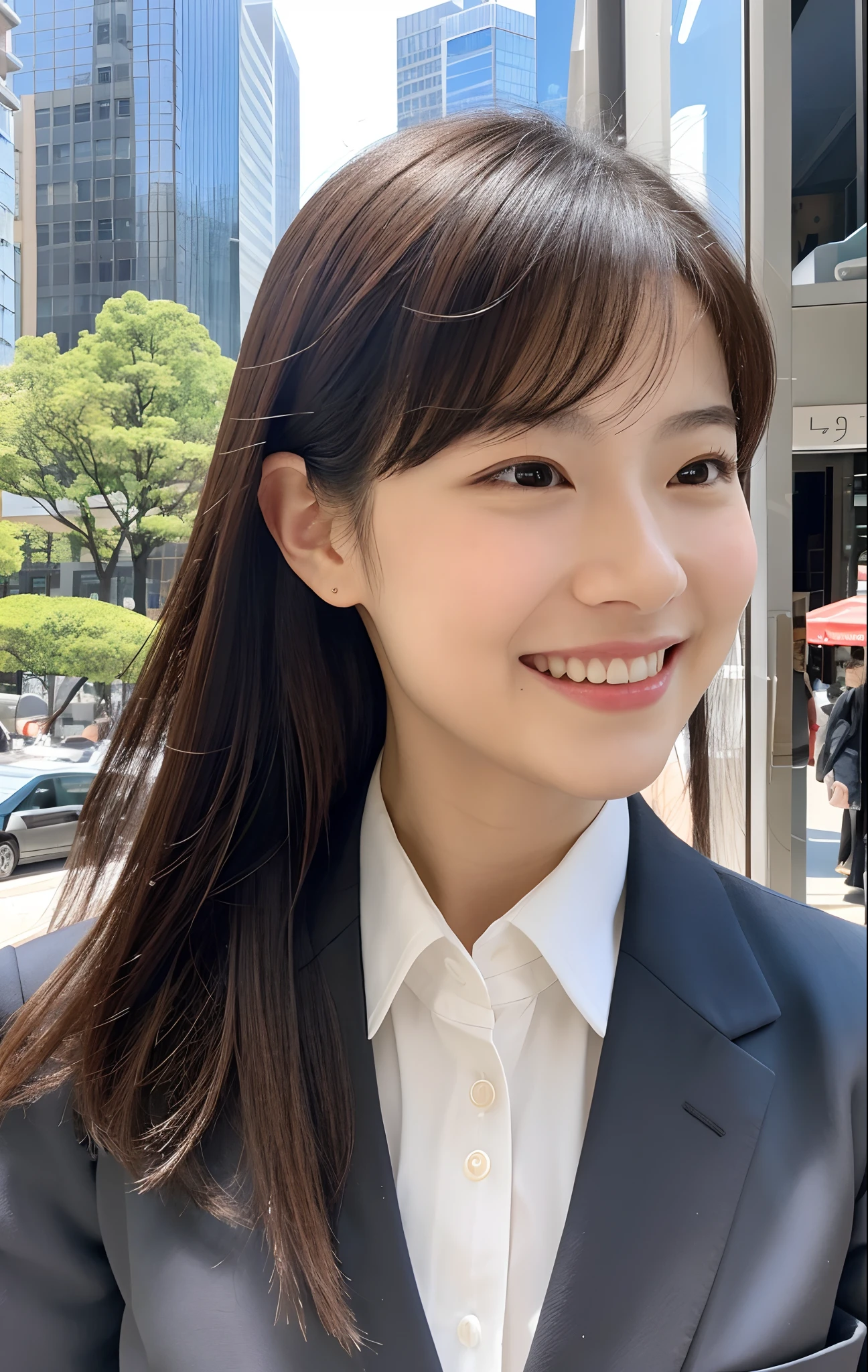 masutepiece,(An ultra-high picture quality),Japan Girl,Delicate face during lunch,Delicate skin,delicate nose,Delicate lips,delicate hair,Beautiful face,Angles facing the viewer,Laughing and having fun,Stylish café,Beautiful cityscape,Smooth semi-long chignon,Delicate eyes(Lifelike eyes),Gray business suit,About 24 years old,Good weather,profetional lighting,