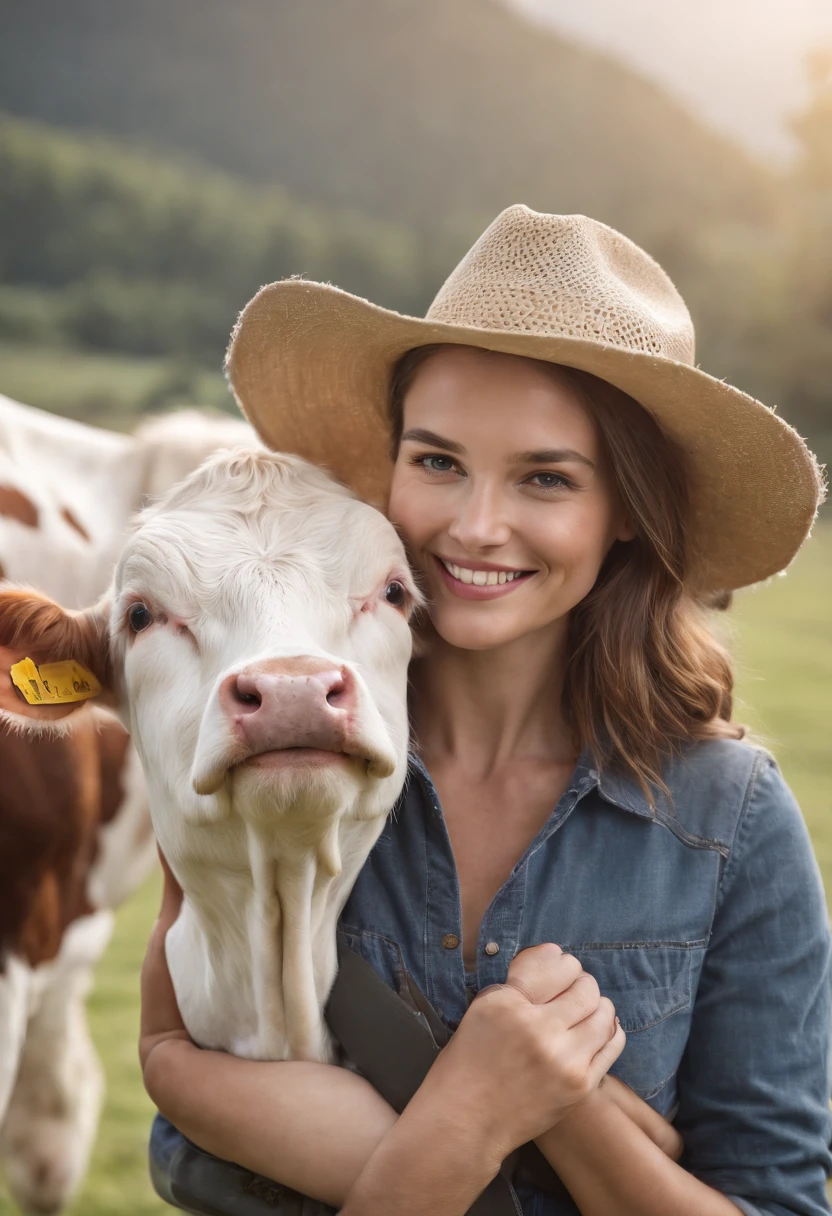 A Beautiful farmer woman smiling as she poses for a photograph with her Cow, hyper realistic, crystal clear image