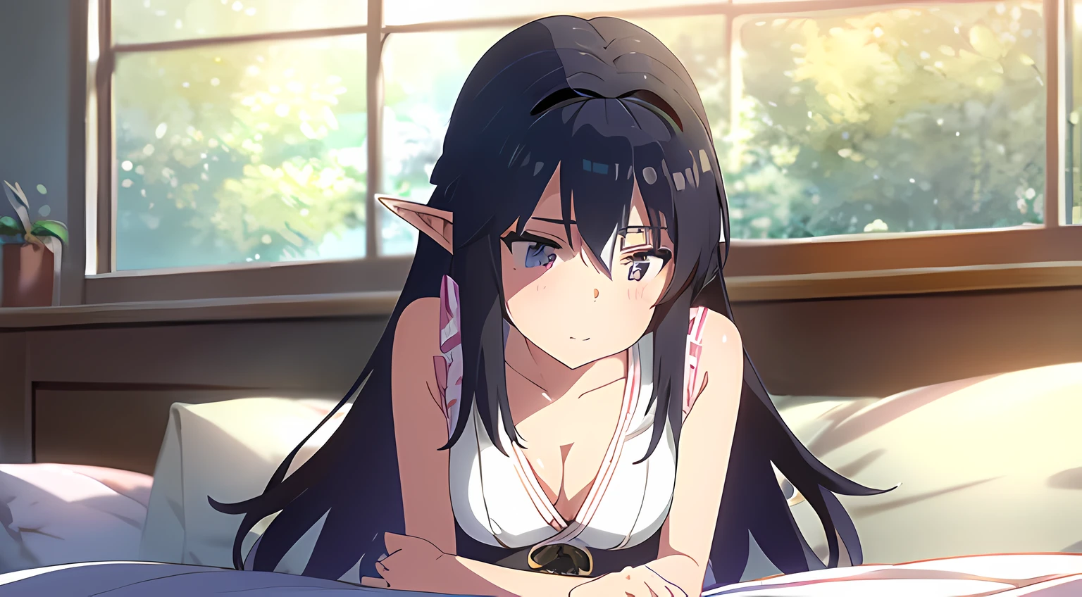 最好质量、1 elf girl in、maid、garterbelts、sora、colorful strands of hair、a cute 、Lustrous skin、24 years old、Shines、High contrast、Tempting、Sensual milf, lying down on bed, big tit、White blouse、Black skirt、Sleeveless、Beautiful armpits、White headband