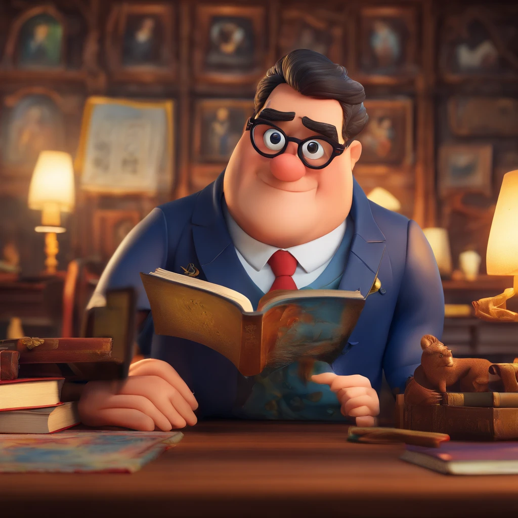 Crie um cartaz inspirado na Disney Pixar com o personagem sendo o pastor Rubens Janier, A brown-haired man wearing red round glasses, dressed in an aristocratic manner in an office with a Bible on the table, Looking forward and serious