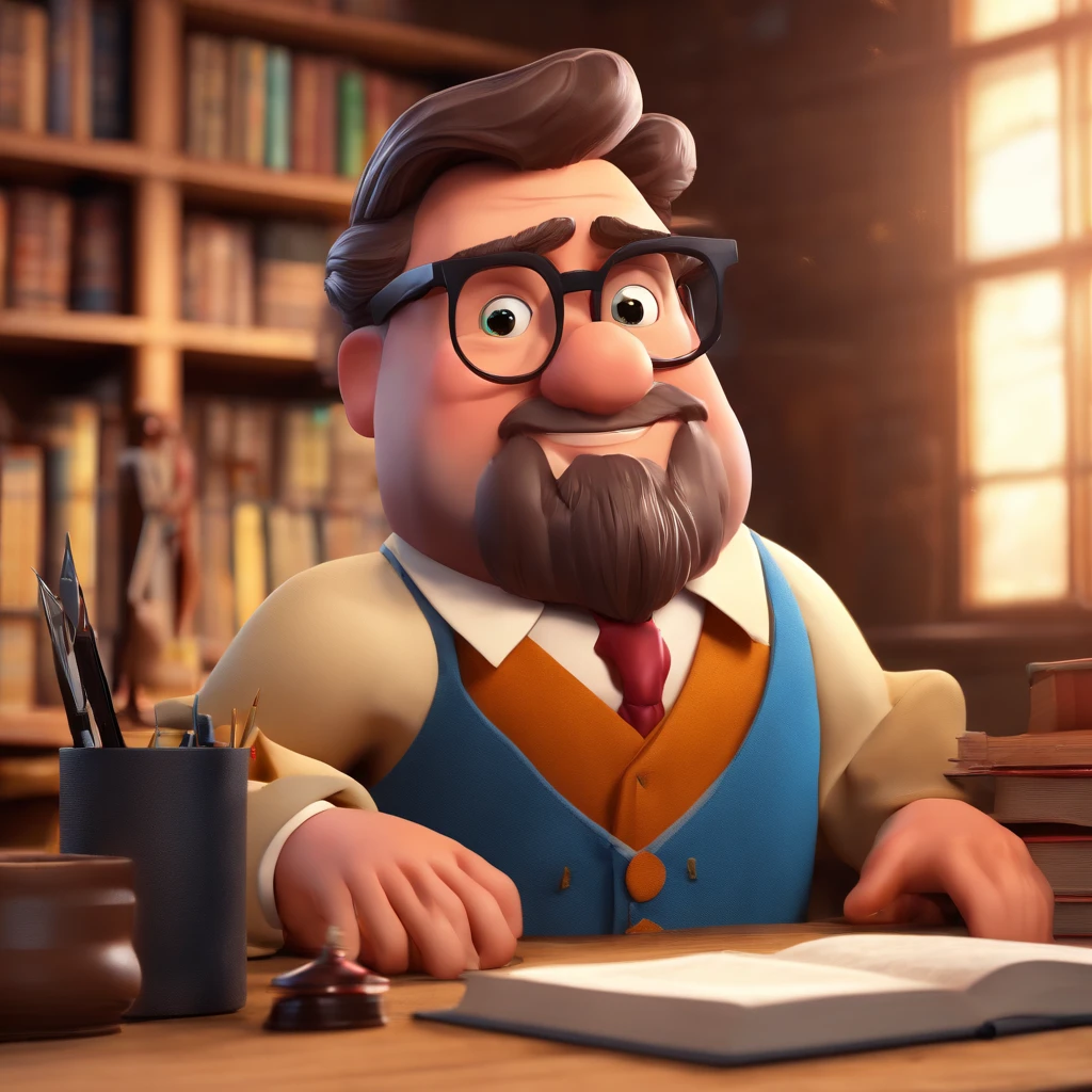 Crie um cartaz inspirado na Disney Pixar com o personagem sendo o pastor Rubens Janier, A brown-haired man wearing red round glasses, dressed in an aristocratic manner in an office with a Bible on the table, Looking forward and serious