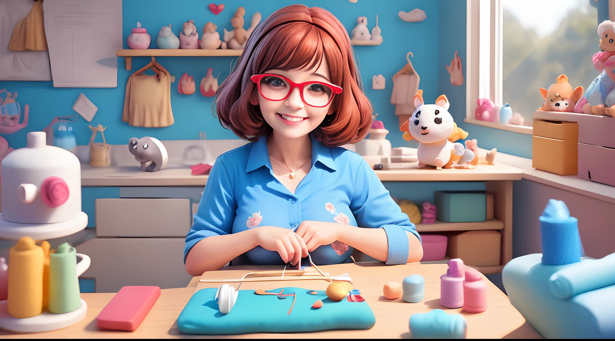 crie um post estilo Disney Pixar com a seguinte personagem, uma senhora de 55 anos, que trabalha com costura de brinquedos educativos em feltro, cabelo liso partido de lado, no ombro, castanho escuro, wears glasses, um pouco fofinha, rosto arrendodado, pele clara, usa camisa mais solta e com estilo, usando um colar com pingente brilhante, na camisa azul, deve conter a escrita: Tiluê community creative sewing on white, In this post she needs to be on a table with a sewing machine and felts around her, alegre e sorrindo, encouraging people to sew educational toys as well!