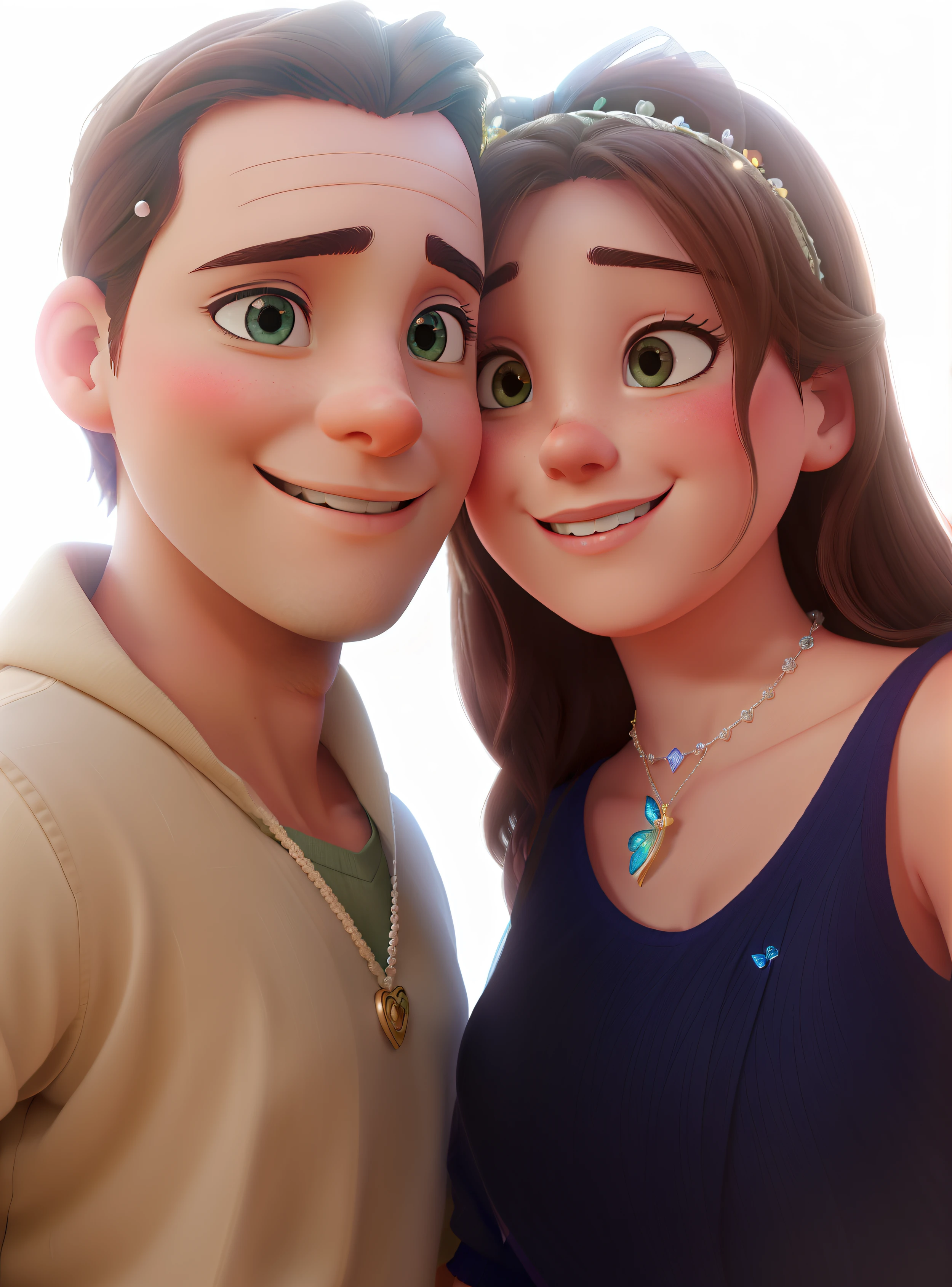 (best quality,highres:1.2),happy couple,Disney-like love scene,beautiful dreamy atmosphere,warm sunlight filtering through trees,romantic garden setting,whispering flowers,playful birds,sparkling magic,gentle breeze,sparkling eyes,blushing cheeks,tender embrace,endless love and joy,blissful smiles,floating petals,giggles and laughter,colorful butterflies dancing,enchanted moment,fairy tale love story,romantic music playing,loving gazes,lovers lost in each other's eyes,magical aura,pure-hearted love,unbreakable bond,forever and always.