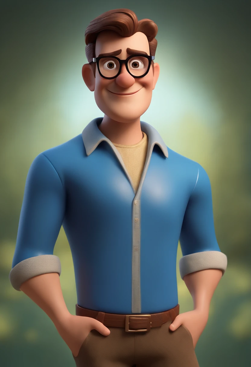 Cartoon character of a man wearing black glasses and a blue shirt, um personagem animado, Caractere estilizado, animation style rendering, 3D estilizado, Arnold Maya render, 3 d render stylized, toon render keyshot, Personagem 3D, Personagem 3D, 3d rendering stylized, 3 d character render, personagem de desenho animado, Personagem de close up, Pose de personagem, (Estilo Pixar) (master part:1.2) (Bokeh) (best quality) (pele detalhada) (textura detalhada) (8k) (argila) (Cinematic lighting) (foco nítido,Senta e vaza a parte superior do corpo