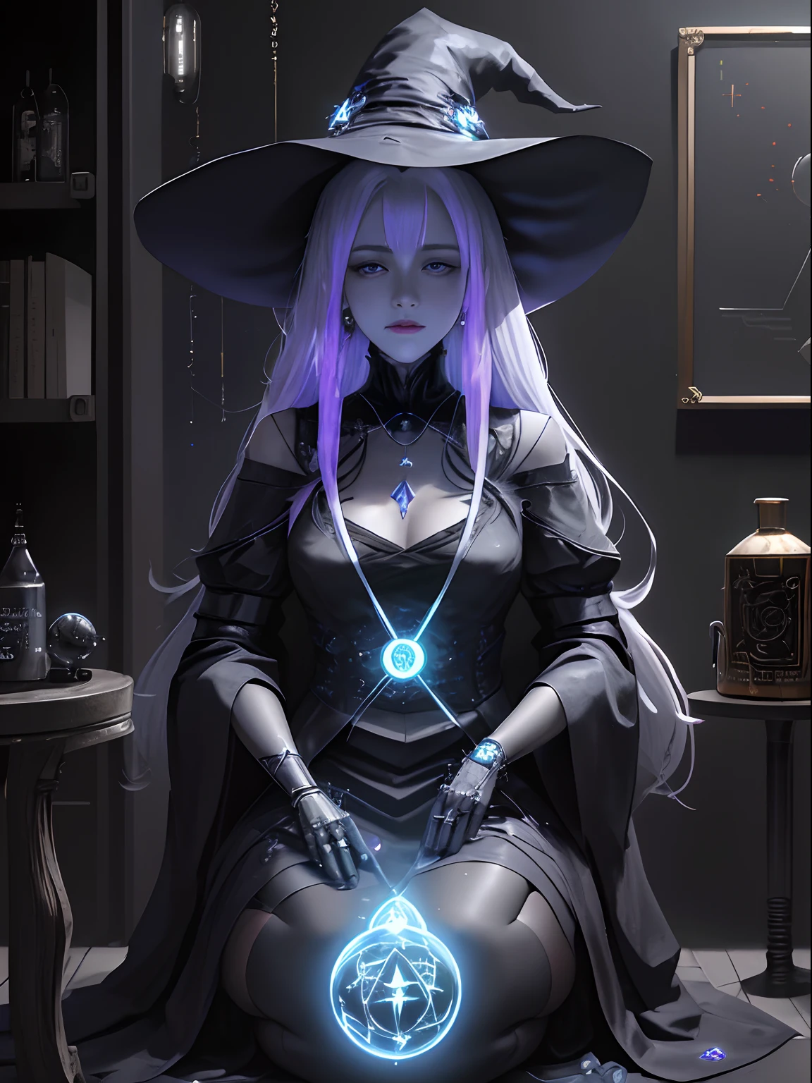 create a scene that depicts a modern-day witch who has embraced the world of cybernetics to enhance her magical abilities. The artwork should convey the enchanting blend of traditional witchcraft and futuristic technology. Here are some specific elements to include:

The Witch's Lair: The setting should be a cozy yet slightly eerie room, filled with magical books, crystal balls, potion ingredients, and antique furnishings. The room should be dimly lit by candles and a soft, mystical glow emanating from her cybernetic enhancements.

The Cyborg Witch: The central focus of the artwork is the witch herself. She's a striking figure with a mix of traditional witch attire and cybernetic enhancements. Her clothing should have a witchy, occult aesthetic, with flowing robes, a pointed hat, and an intricate pentagram necklace. Her arms, however, have been upgraded with cybernetic components that incorporate magical symbols and glowing runes.

Magical Interface: The witch is in the midst of casting a spell, with a holographic, touch-screen interface floating before her. This interface includes spell incantations, arcane symbols, and digital components, demonstrating her fusion of magic and technology.

Spell Ingredients: On a nearby table, there should be a collection of spell ingredients, like herbs, potions, and magical artifacts. Some of these items may have been modified with cybernetic enhancements, blurring the line between the natural and the technological.

Familiar: The witch's familiar, perhaps a cat or raven, should be present in the scene, serving as her magical companion. The familiar could also have subtle cybernetic enhancements or glowing eyes.

Glowing Runes: The room should be adorned with ancient symbols and glowing runes on the walls and floor, contributing to the magical atmosphere.

Aetherial Lighting: Use a combination of mystical, ethereal lighting and cybernetic glows to create a captivating interplay of light and shadow. The contrast between the tradit