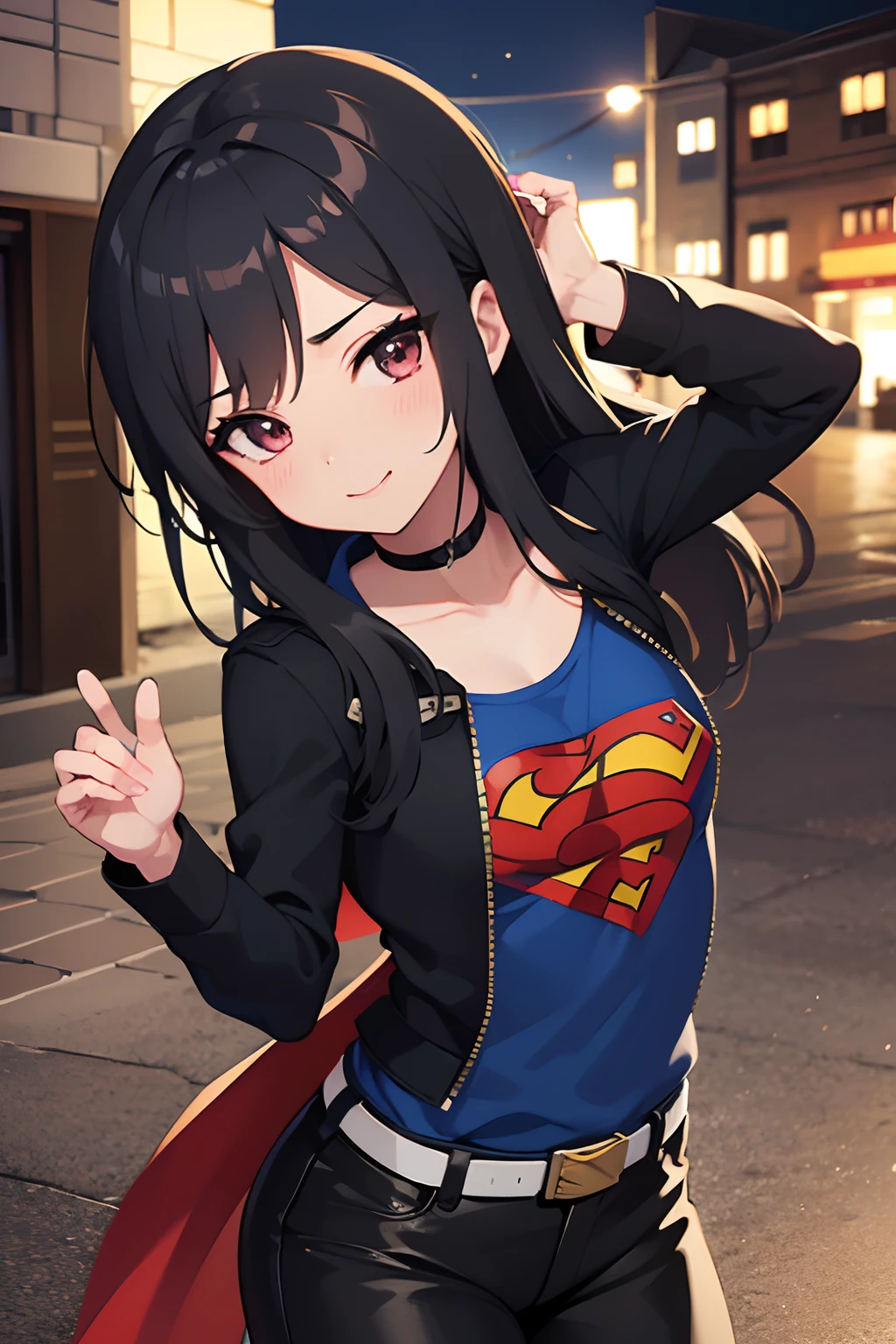 1boys, Cabello negro corto, ojos cafes, chico musculoso, traje de superheroe negro superman, guantes sin dedos, botas negras, mascara negra en los ojos, sonriente, pose de pelea, dos espadas rojas en las manos, ciudad al destruida, inspirado en fairy tail, arte detallado,