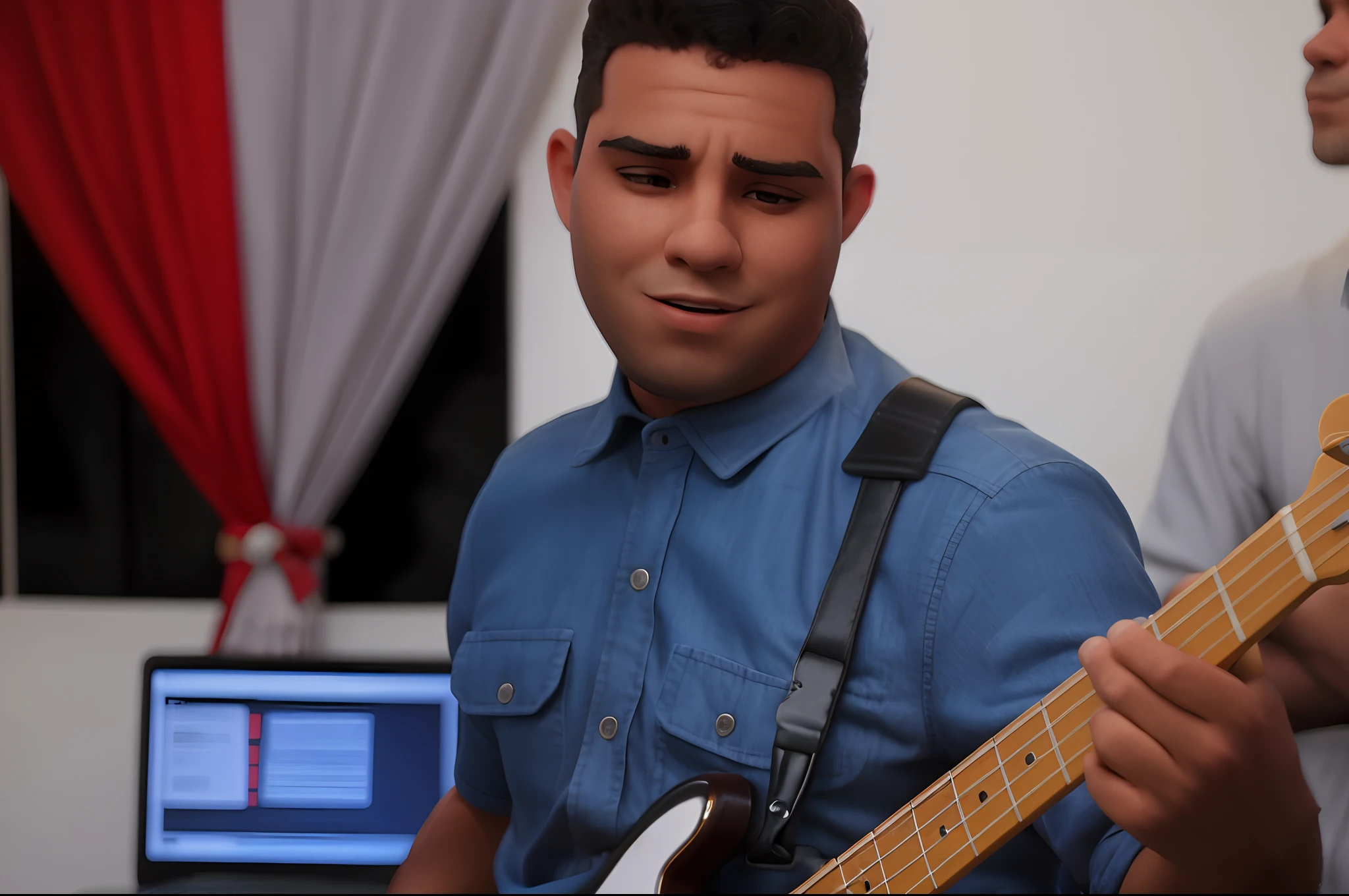 There's a man playing in front of a laptop, baixista, jamming to music, rocking out ,musico ?????,jazz,
