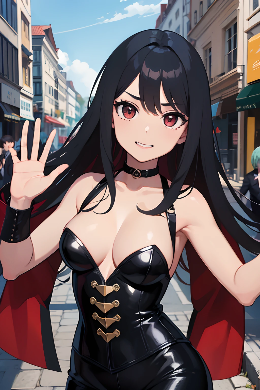 1boys, Cabello negro corto, ojos cafes, chico musculoso, traje de superheroe negro superman, guantes sin dedos, botas negras, mascara negra en los ojos, sonriente, pose de pelea, dos espadas rojas en las manos, ciudad al destruida, inspirado en fairy tail, arte detallado,