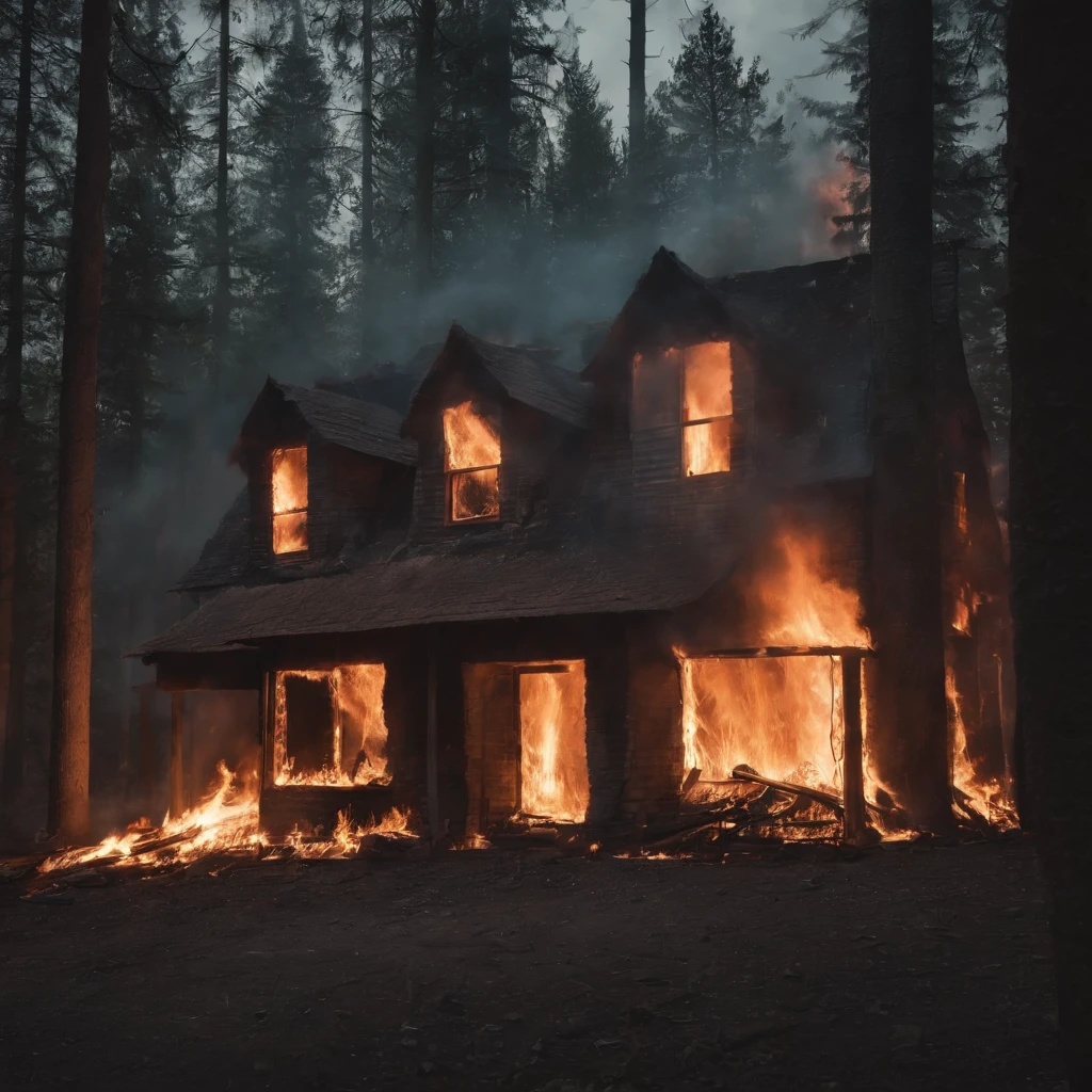 An old house burning down deep in a forest in the dark night, photo realistic, film effects, CGI, VFX, SCI-FI, 4K