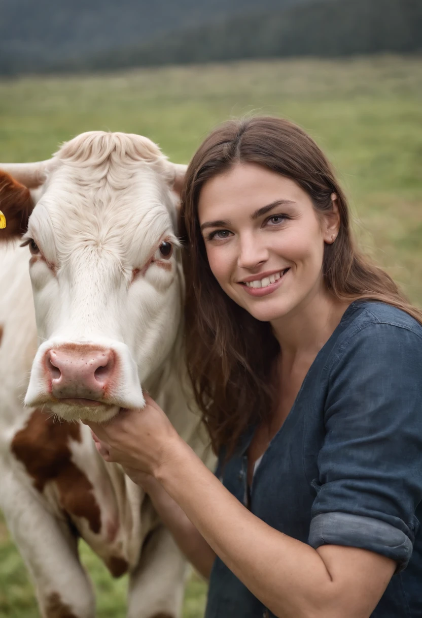 A Beautiful farmer woman smiling as she poses for a photograph with her Cow, hyper realistic, crystal clear image